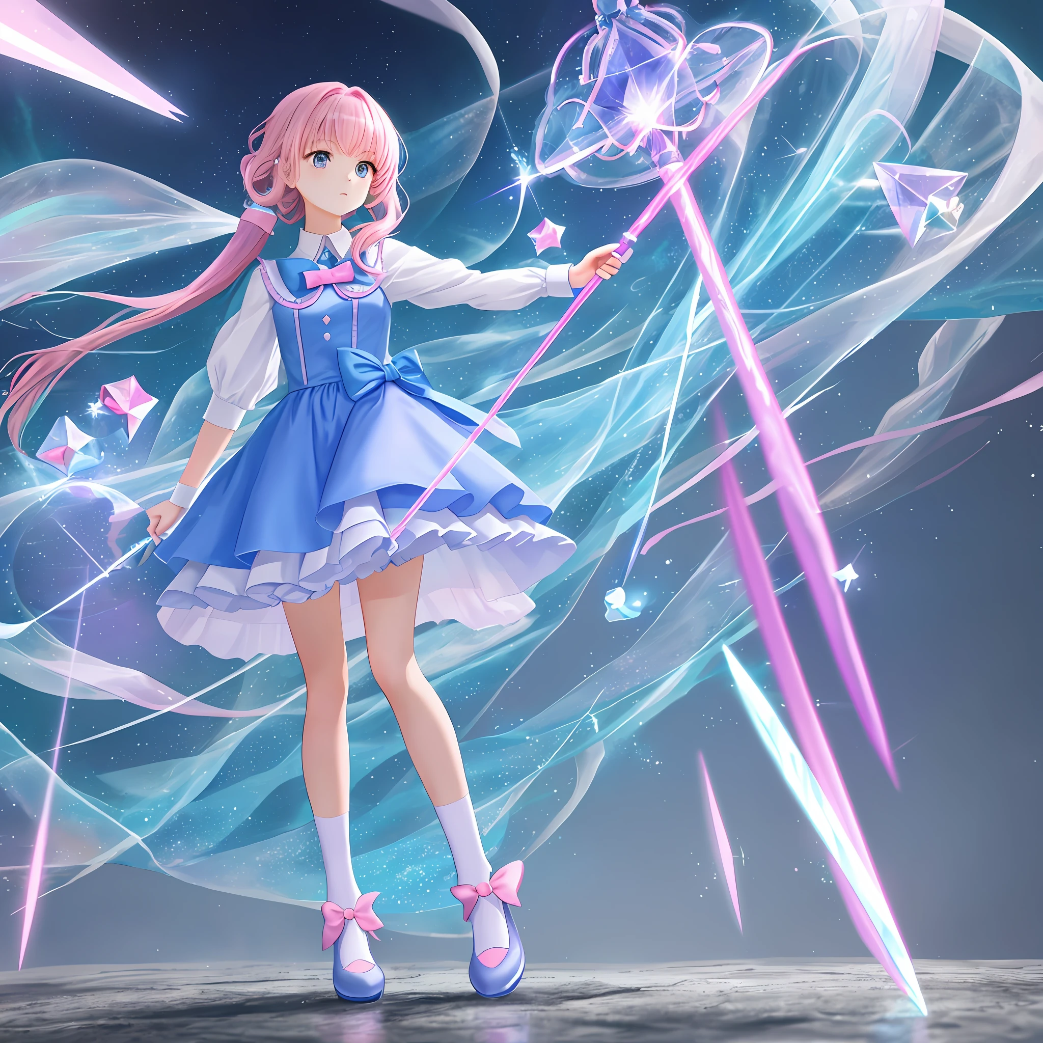 A girl with pink hair, blue dress, white leg socks, crystal shoes, holding a magic wand, standing, full body, high quality, masterpiece