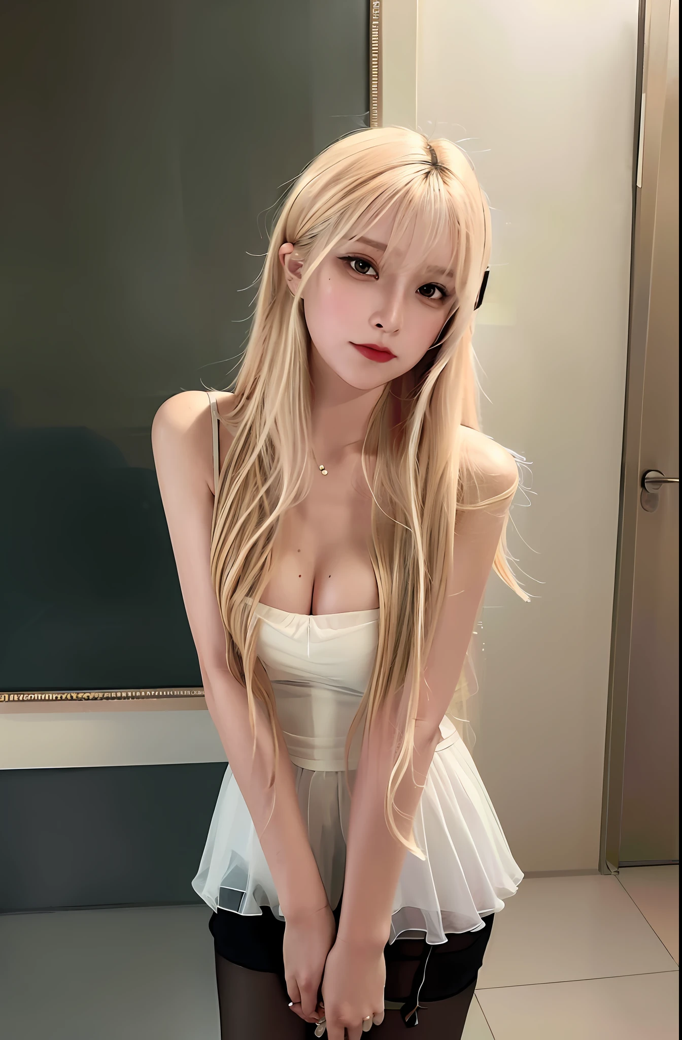 (masterpiece:1.0), (best quality:1.4), (ultra highres:1.2), (photorealistic:1.4), (8k, RAW photo:1.2), (soft focus:1.4), 1 young girl, sexy, black silk stockings, breasts, (Slim girl), (blonde hair:1.2), looking at viewer, ((puffy eyes)), looking at viewer, full body, facing front, (ulzzang-6500:1)