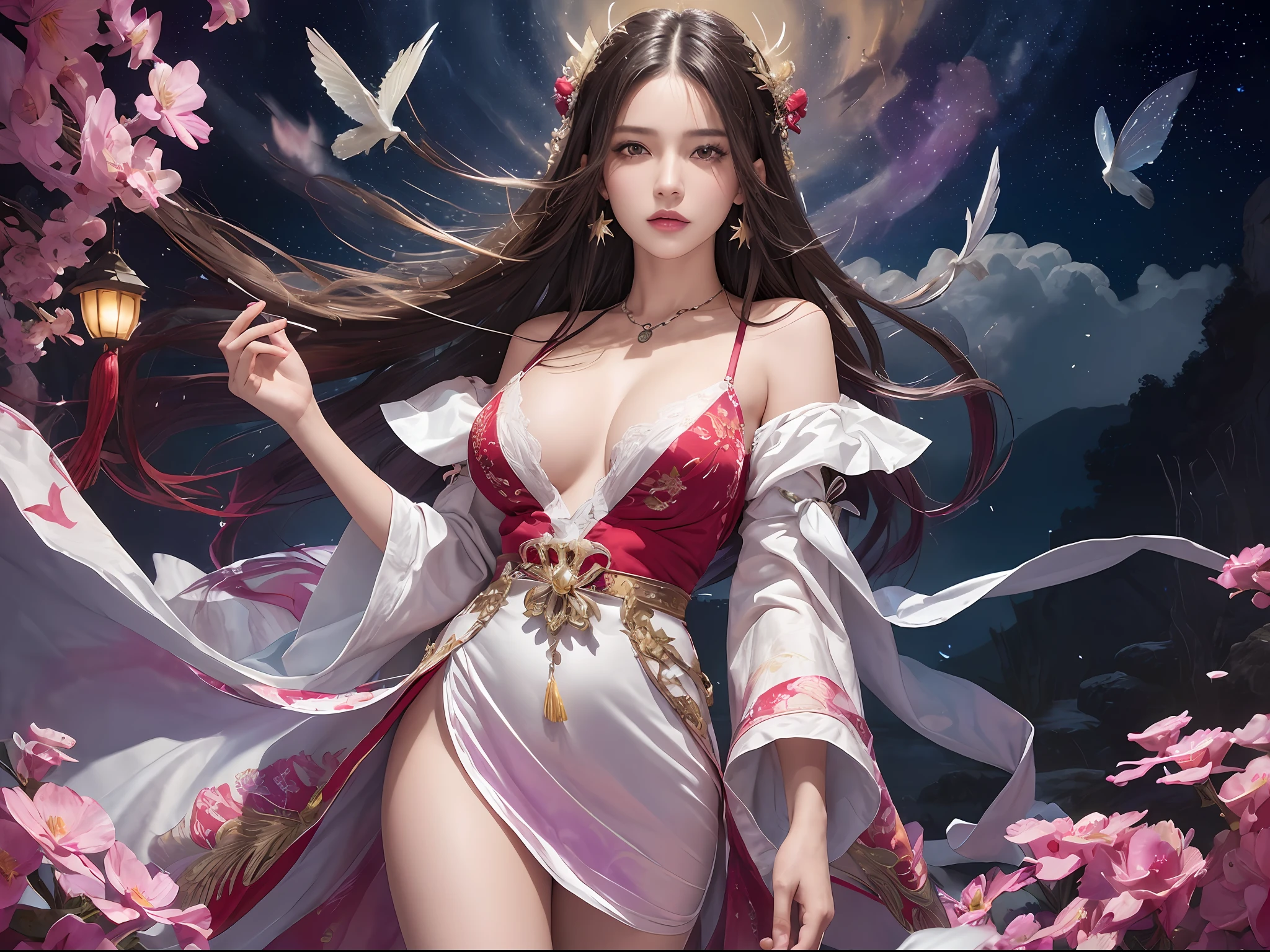 (Masterpiece, Top Quality, Best Quality, Ultimate Detail, Supreme Detail, Official Art, Beauty and Aesthetics: 1.2), Asian Girl, Cocked Asto, Waiting for Back, Bare Thighs, Bare Pubic Hair, Bared Vagina, Revealing Beautiful Pubic Hair, Color, Upper Body Shot, Beautiful Face, Solo, Perfect Figure, Flying in the Sky, Portrait of a Girl, Silver Gradient Hair, Brunette Hair, Fairy, Flowing Streamers, (Sexy, Show As, Show Tits: 10), Sun Rays, Clouds, Hanfu, Chinese Clothes, Water, Fireflies , night, starry sky, jewelry, feathers on dress, peacock feathers, light particles, volumetric illumination, ray tracing (flowing streamers: 1.1), (fantasy: 1.2), illuminator, stars, fantasy, high contrast, ink strokes, overexposure, purple and red tone impressions, abstract, (watercolor paintings by Berkey and Jerey Maiman)) brush strokes,
