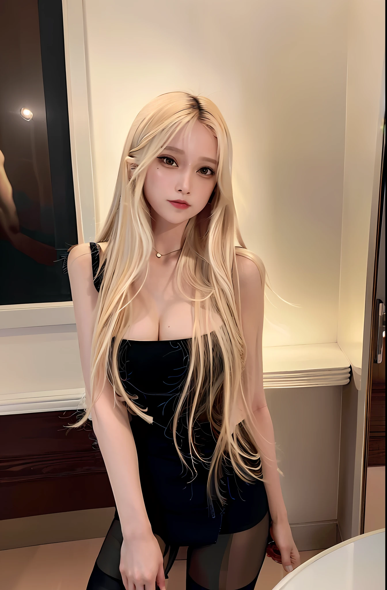 (masterpiece:1.0), (best quality:1.4), (ultra highres:1.2), (photorealistic:1.4), (8k, RAW photo:1.2), (soft focus:1.4), 1 young girl, sexy, black silk stockings, breasts, (Slim girl), (blonde hair:1.2), looking at viewer, ((puffy eyes)), looking at viewer, full body, facing front, (ulzzang-6500:1)