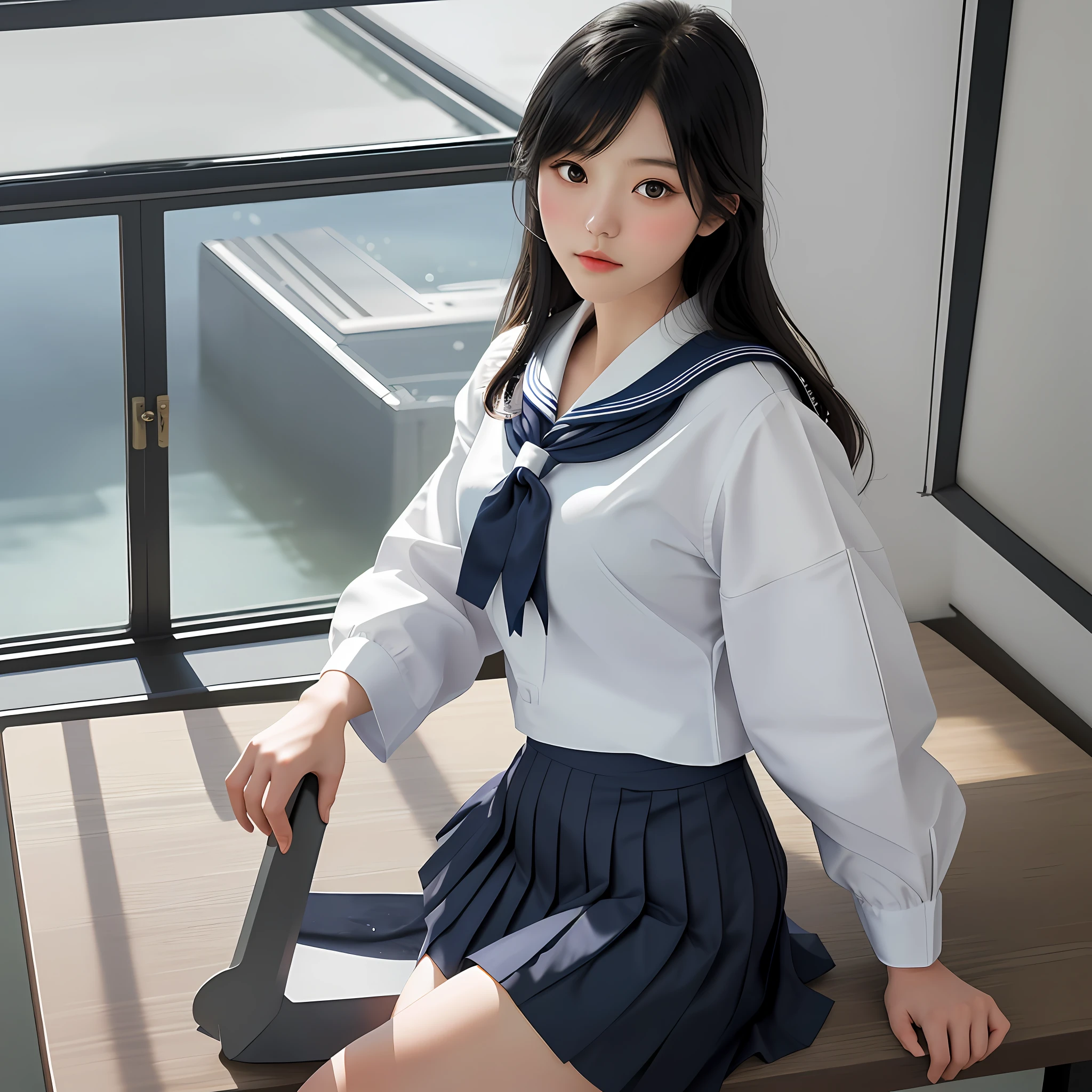 Top quality, looking down on the viewer, Japan school, Japan schoolgirl, ultra-realistic photos, Japan uniform, sailor suit, white shirt, navy blue skirt, miniskirt, black hair, mature beauty, looking inside skirt, glamorous beauty, composition peeking out from below, legs crossed, accentuated thighs, distracted, flinging, light blue underwear