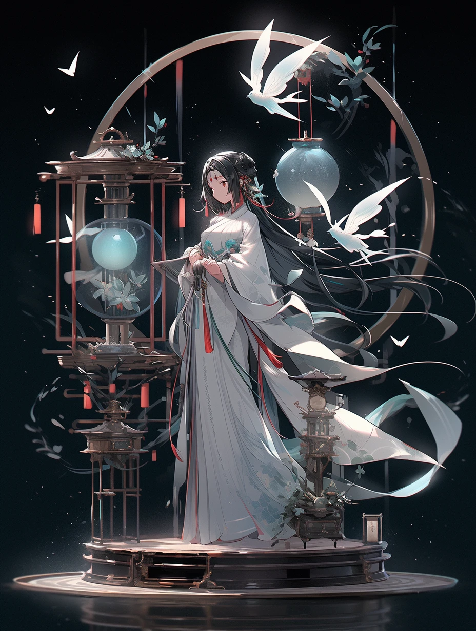 Cyberpunk,Ancient Chinese female wearing Hanfu, Floating in the air, infornt of incubator, Mechanical, Cyborg, cyberpunk, jade headdress, flammule, ribbon of moonlight, dragoncore, full body frontview, stand scenes, translucent, computer graphics art, high resolution, 32k, halo, 3D, blind box toy style, cinematic lighting, god rays, best quality, UHD --ar 3:4 --niji 5 --s 250