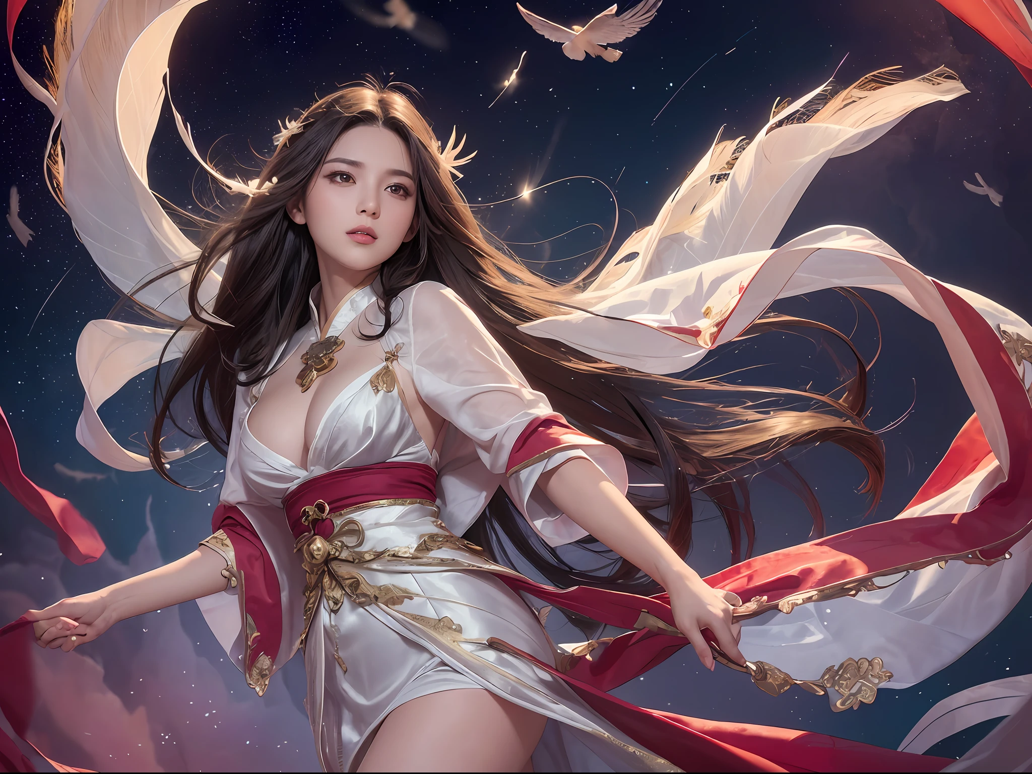 (Masterpiece, Top Quality, Best Quality, Ultimate Detail, Supreme Detail, Official Art, Beauty and Aesthetics: 1.2), Asian Girl, Cocked Asto, Waiting for Back, Bare Thighs, Bare Pubic Hair, Bared Vagina, Revealing Beautiful Pubic Hair, Color, Upper Body Shot, Beautiful Face, Solo, Perfect Figure, Flying in the Sky, Portrait of a Girl, Silver Gradient Hair, Brunette Hair, Fairy, Flowing Streamers, (Sexy, Show As, Show Tits: 10), Sun Rays, Clouds, Hanfu, Chinese Clothes, Water, Fireflies , night, starry sky, jewelry, feathers on dress, peacock feathers, light particles, volumetric illumination, ray tracing (flowing streamers: 1.1), (fantasy: 1.2), illuminator, stars, fantasy, high contrast, ink strokes, overexposure, purple and red tone impressions, abstract, (watercolor paintings by Berkey and Jerey Maiman)) brush strokes,