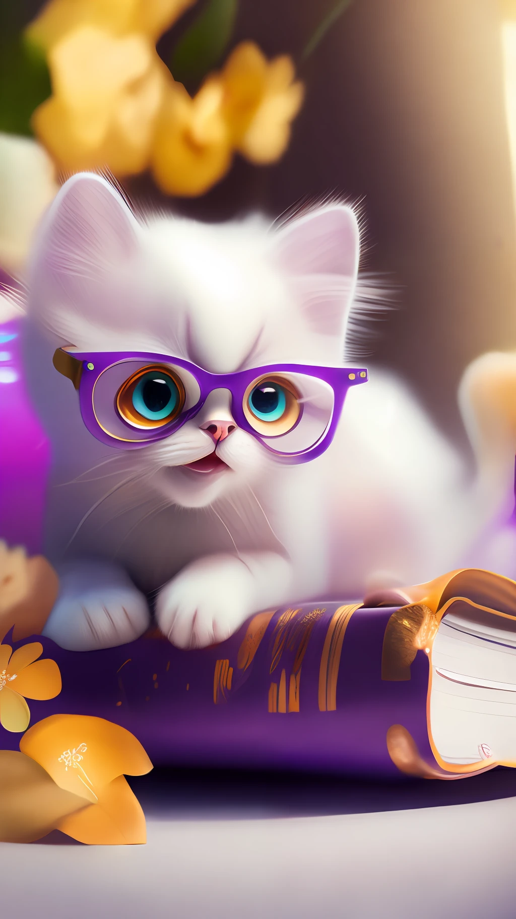 Very cute white tropicalpunk kitten lying on book, big eyes, glasses, open mouth, laughing, excitement, flowers, professional light, depth of field 8k, purple gold magic moment, professional photography, octane rendering, super realistic - amazing sunlight, dynamic composition, photography, sharp focus, background bokeh