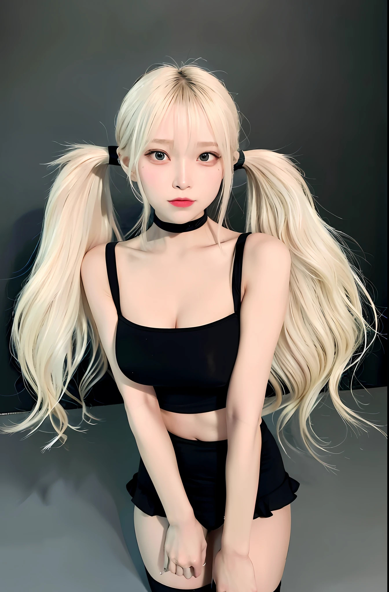 (RAW photo, best quality),masterpiece, (best quality:1.4), (ultra highres:1.2), (photorealistic:1.4), (8k, RAW photo:1.2), (soft focus:1.4),(realistic, photo-realistic:1.3), Amazing, finely detail, 1 young girl, ????, black silk stockings, transparent and wet, water drop body, wet body, ???????, transparent ??????, transparent ????????, spread ???????, (Slim girl), (blonde hair:1.2), looking at viewer, ((puffy eyes)), looking at viewer, full body, facing front,huge filesize , ultra-detailed, highres, extremely detailed,(ulzzang-6500:1),iu,asymmetrical bangs,short bangs,bangs,pureerosface_v1,beautiful detailed girl, extremely detailed eyes and face, beautiful detailed eyes,light on face,traight-on, staring, closed mouth, black hair, (short_ponytail:1.1), collarbone, ???? shoulders, longeyelashes, ??? on body,cross-laced clothes, collared shirt, ????????????,black thighhighs, miniskirt, black ?????????, unbuttoned clothes,