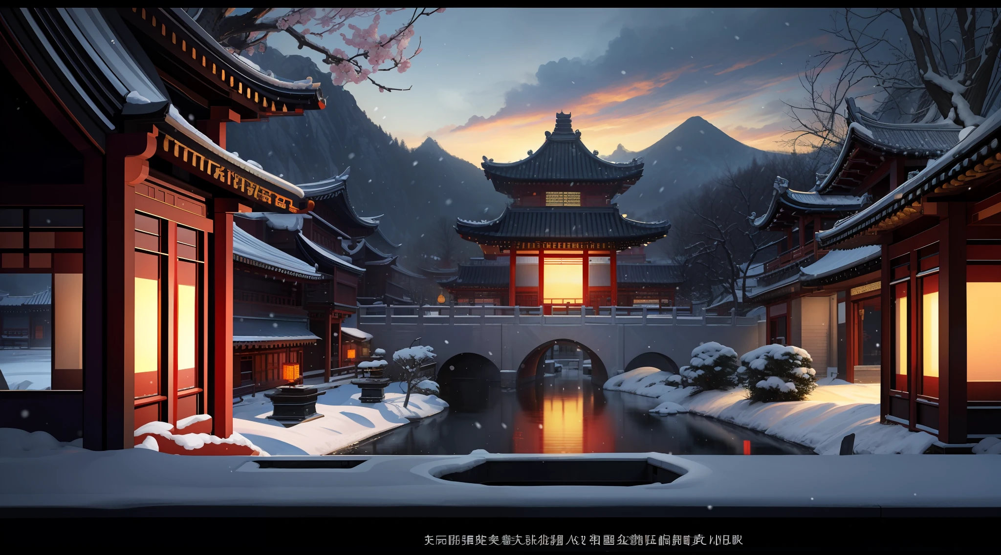 Masterpiece, best quality, high quality, extremely detailed CG unity 8k wallpaper, classical Chinese garden, landscape, Amsterdam, winter, ((snowing)), outdoor, sky, daytime, landscape, water, tree, blue sky, waterfall, nature, lake, river, cloudy sky, award winning photography, bokeh, depth of field, HDR, bloom, chromatic aberration, realism, very detailed, trends on artstation, trends on CGsociety, intricate, high detail, dramatic, midjourney art, {high quality}, octane rendering, ultra hd, depth of field, epic, film, ancient china, 1 girl, cute face, solo, ancient architecture