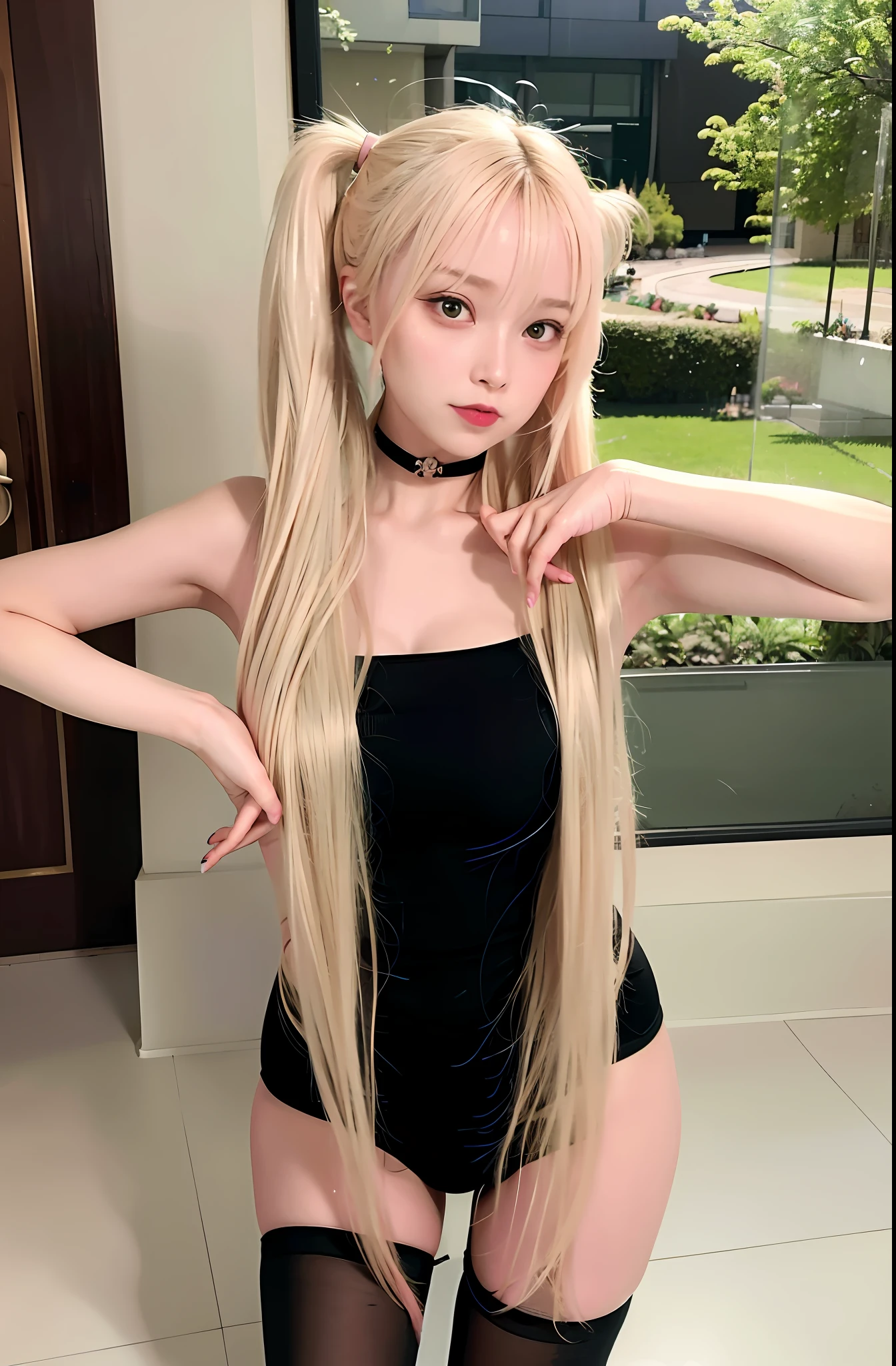 (RAW photo, best quality),masterpiece, (best quality:1.4), (ultra highres:1.2), (photorealistic:1.4), (8k, RAW photo:1.2), (soft focus:1.4),(realistic, photo-realistic:1.3), Amazing, finely detail, 1 young girl, sexy, black silk stockings, transparent and wet, water drop body, wet body, breasts, transparent areola, transparent cameltoe, spread breasts, spread legs:1.5, (Slim girl), (blonde hair:1.2), looking at viewer, ((puffy eyes)), looking at viewer, full body, facing front,huge filesize , ultra-detailed, highres, extremely detailed,(ulzzang-6500:1), iu,asymmetrical bangs,short bangs,bangs,pureerosface_v1,beautiful detailed girl, extremely detailed eyes and face, beautiful detailed eyes,light on face,traight-on, staring, closed mouth, pink hair, (short_ponytail:1.1), collarbone, bare shoulders, longeyelashes, cum on body,cross-laced clothes, collared shirt, open clothes,black thighhighs, miniskirt, black underwear, unbuttoned clothes,