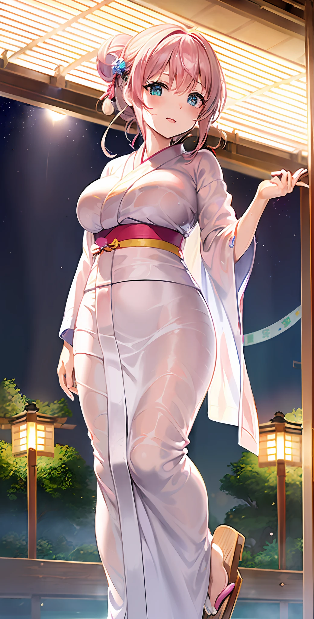Heterochromia, light blue eyes and light green eyes), happiness, masterpiece, top quality, absurdity, high resolution, official art, ((Chibi: 1.5)), Solo, (((pale pink hair, bun hair, kanzashi)), thin hair, one beautiful girl, (cute: 1.8), caregiver, anime illustration in the style of "Kyoto Animation", maid, (((long yukata, wet)), watch viewer, princess eyes, Big breasts, from below, Japan festival, night shop, cute geta