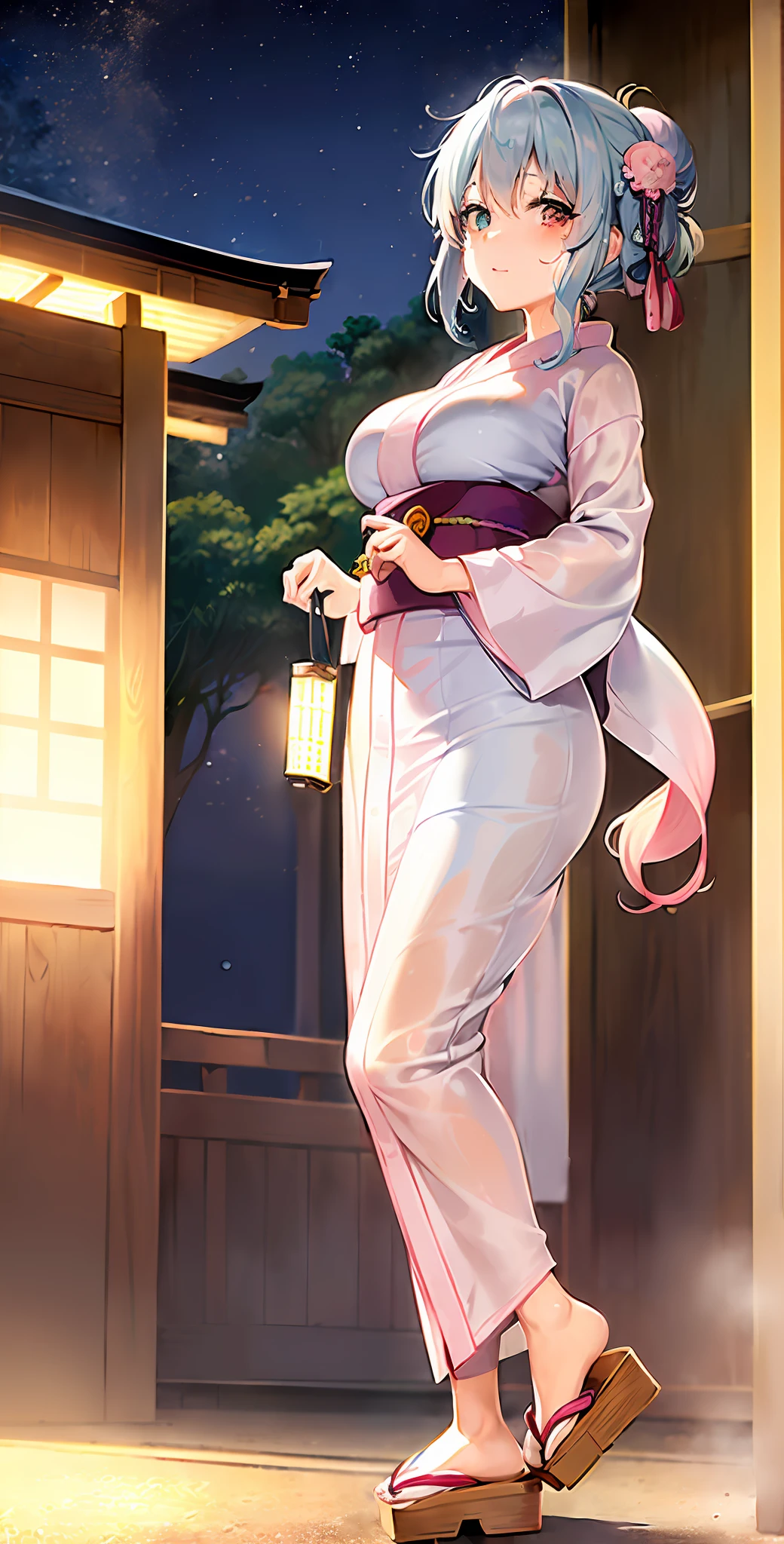 Heterochromia, light blue eyes and light green eyes), happiness, masterpiece, top quality, absurdity, high resolution, official art, ((Chibi: 1.5)), Solo, (((pale pink hair, bun hair, kanzashi)), thin hair, one beautiful girl, (cute: 1.8), caregiver, anime illustration in the style of "Kyoto Animation", maid, (((long yukata, wet)), watch viewer, princess eyes, Big breasts, from below, Japan festival, night shop, cute geta