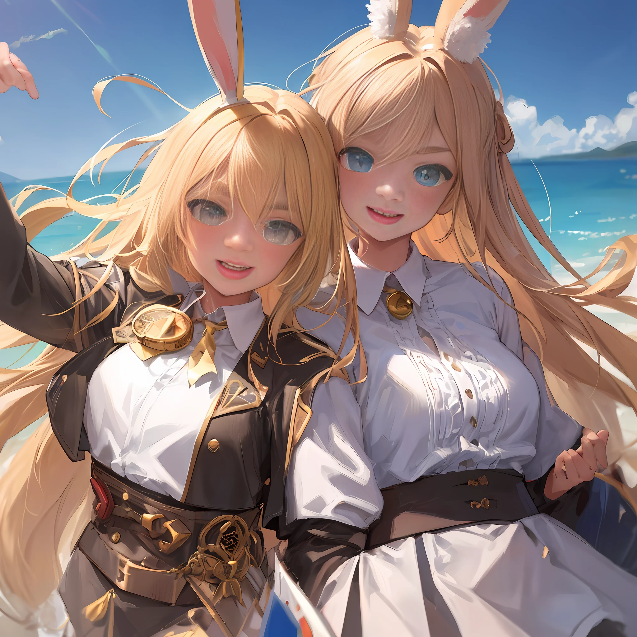 Face focus, tongue, mouth wide open, mouth focus, thick eyebrows, beautiful eyes, rabbit ears, athletics, long jump, tan marks, evil smile, beautiful golden hair, refreshing sunlight, ((masterpiece)), ((best quality)), (super detailed), cute girl, one girl, solo, ((beautiful eyes)), anime girl, happy and cute face, beautiful detailed eyesclean and detailed face, five fingers, textile shading, perfect anatomy,