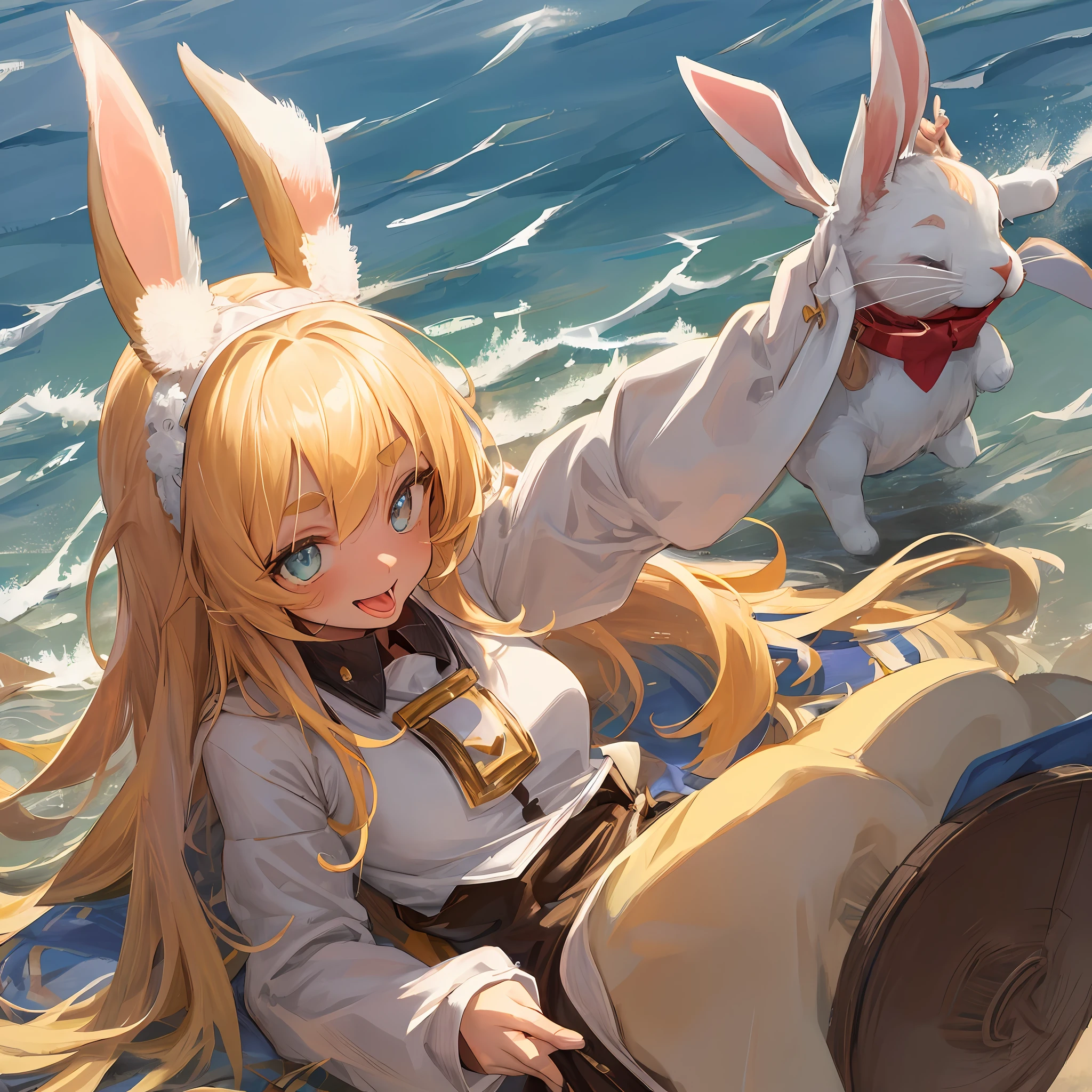 Face focus, tongue, mouth wide open, mouth focus, thick eyebrows, beautiful eyes, rabbit ears, athletics, long jump, tan marks, evil smile, beautiful golden hair, refreshing sunlight, ((masterpiece)), ((best quality)), (super detailed), cute girl, one girl, solo, ((beautiful eyes)), anime girl, happy and cute face, beautiful detailed eyesclean and detailed face, five fingers, textile shading, perfect anatomy,
