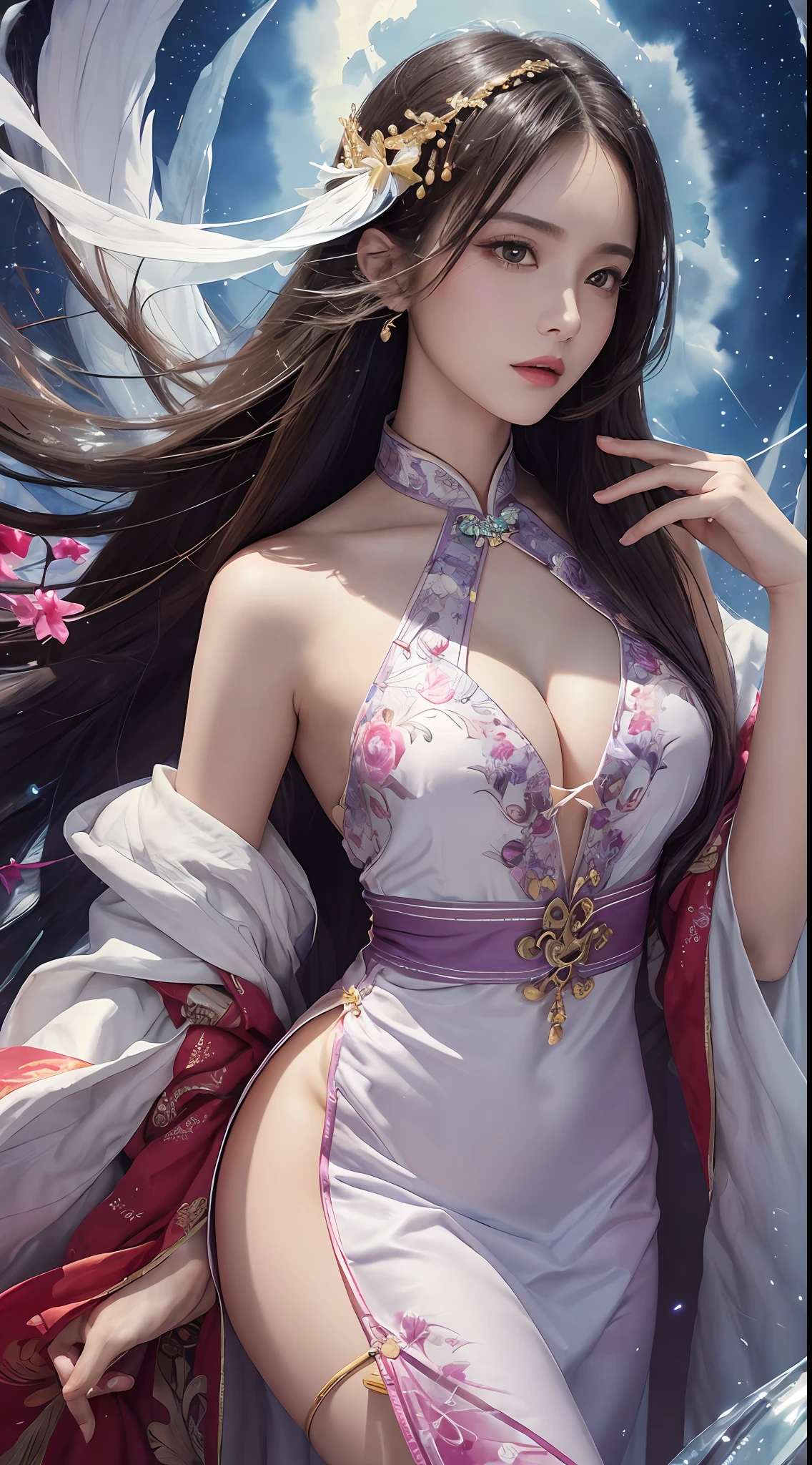 (Masterpiece, Top Quality, Best Quality, Ultimate Detail, Supreme Detail, Official Art, Beauty and Aesthetics: 1.2), Asian Girl, Cocked Asto, Waiting for Back, Bare Thighs, Bare Pubic Hair, Bared Vagina, Revealing Beautiful Pubic Hair, Color, Upper Body Shot, Beautiful Face, Solo, Perfect Figure, Flying in the Sky, Portrait of a Girl, Silver Gradient Hair, Brunette Hair, Fairy, Flowing Streamers, (Sexy, Show As, Show Tits: 10), Sun Rays, Clouds, Hanfu, Chinese Clothes, Water, Fireflies , night, starry sky, jewelry, feathers on dress, peacock feathers, light particles, volumetric illumination, ray tracing (flowing streamers: 1.1), (fantasy: 1.2), illuminator, stars, fantasy, high contrast, ink strokes, overexposure, purple and red tone impressions, abstract, (watercolor paintings by Berkey and Jerey Maiman)) brush strokes,