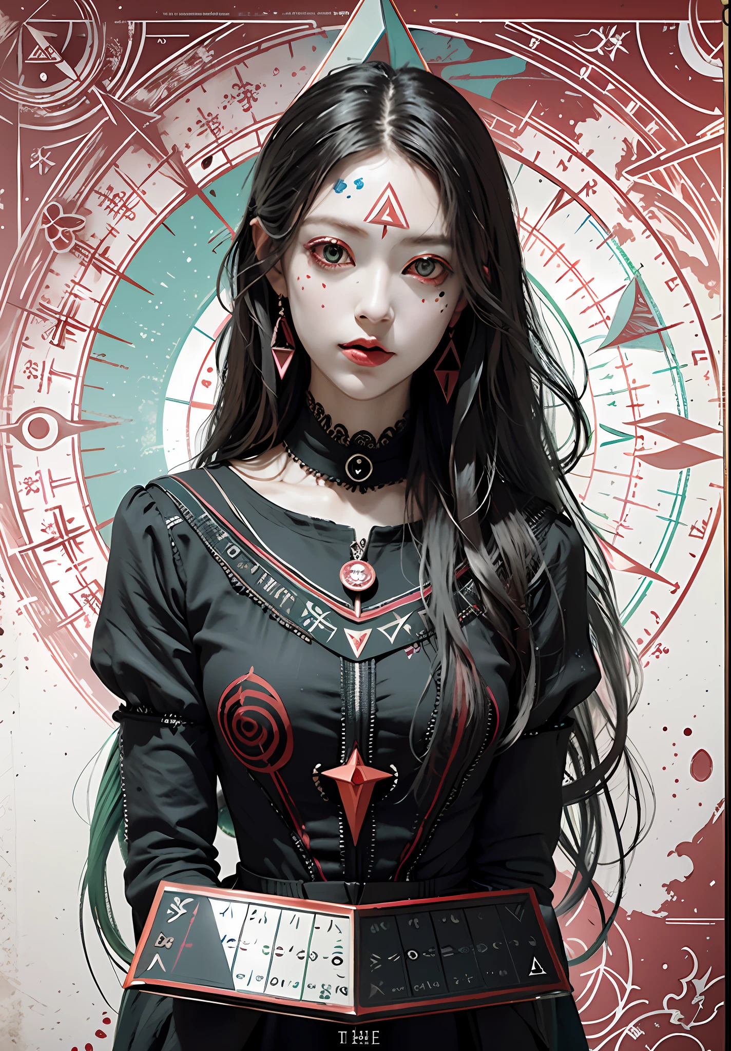 //
(the all seeing eye:1.5),(detailed and beautiful eyes:1.1),
//
(tentacles mouth,many eyes,eye split,blood, :1.2),upper body, 
(rose graffiti:1.1),((black and red:0.6) but Limited palette:1.35),melancholy,
(paper fairy:1.1),full body,small breast, flowing in the air,(cool:1.2),green long hair,(dark matter:1.1),(colorful dress:1.1),
(red  ink paper flower grow on the face:1.0),
(nagative space:0.6),(drawing board:0.8),(Higher dimensional space:1.1),
(Compass, triangular plate, ruler, mathematical formula, number:1.2)
(figure of geometry:1.3),(ether colorful ink flowing:1.1),