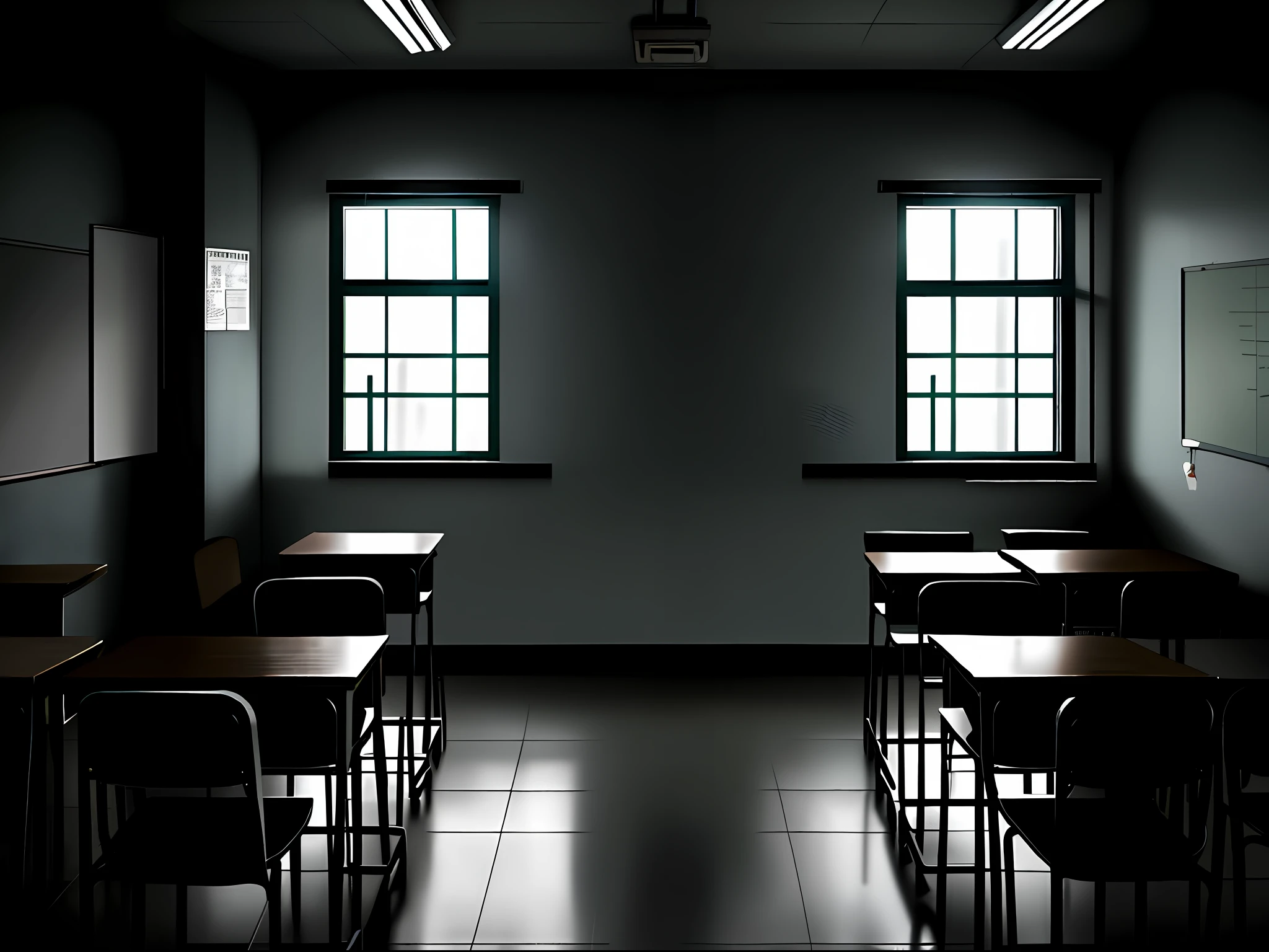 High quality, 8k, masterpiece, dark black tone, gloomy classroom