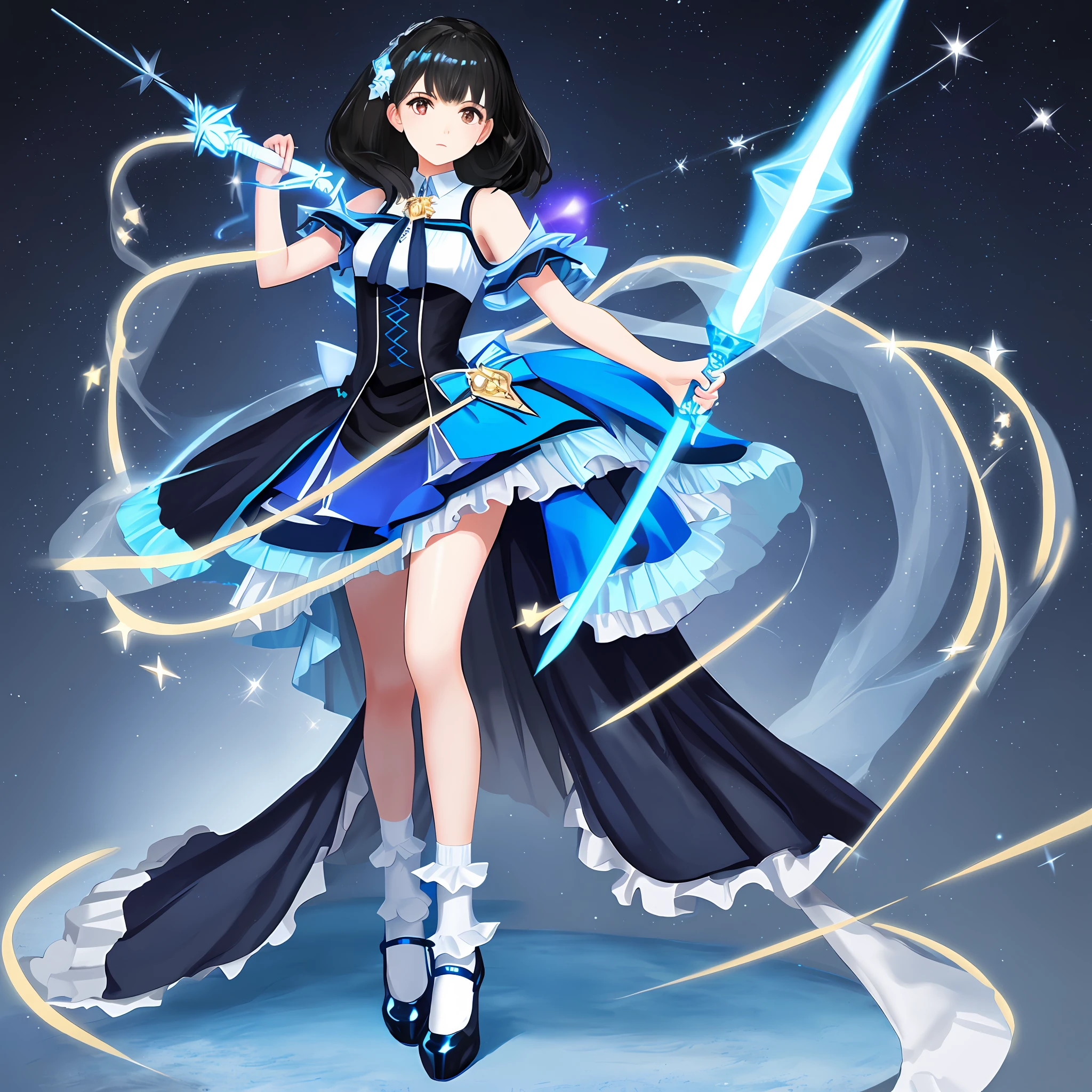 A girl with black hair, blue dress, white leg socks, jeweled shoes, holding a magic wand, standing, full body, high quality, masterpiece