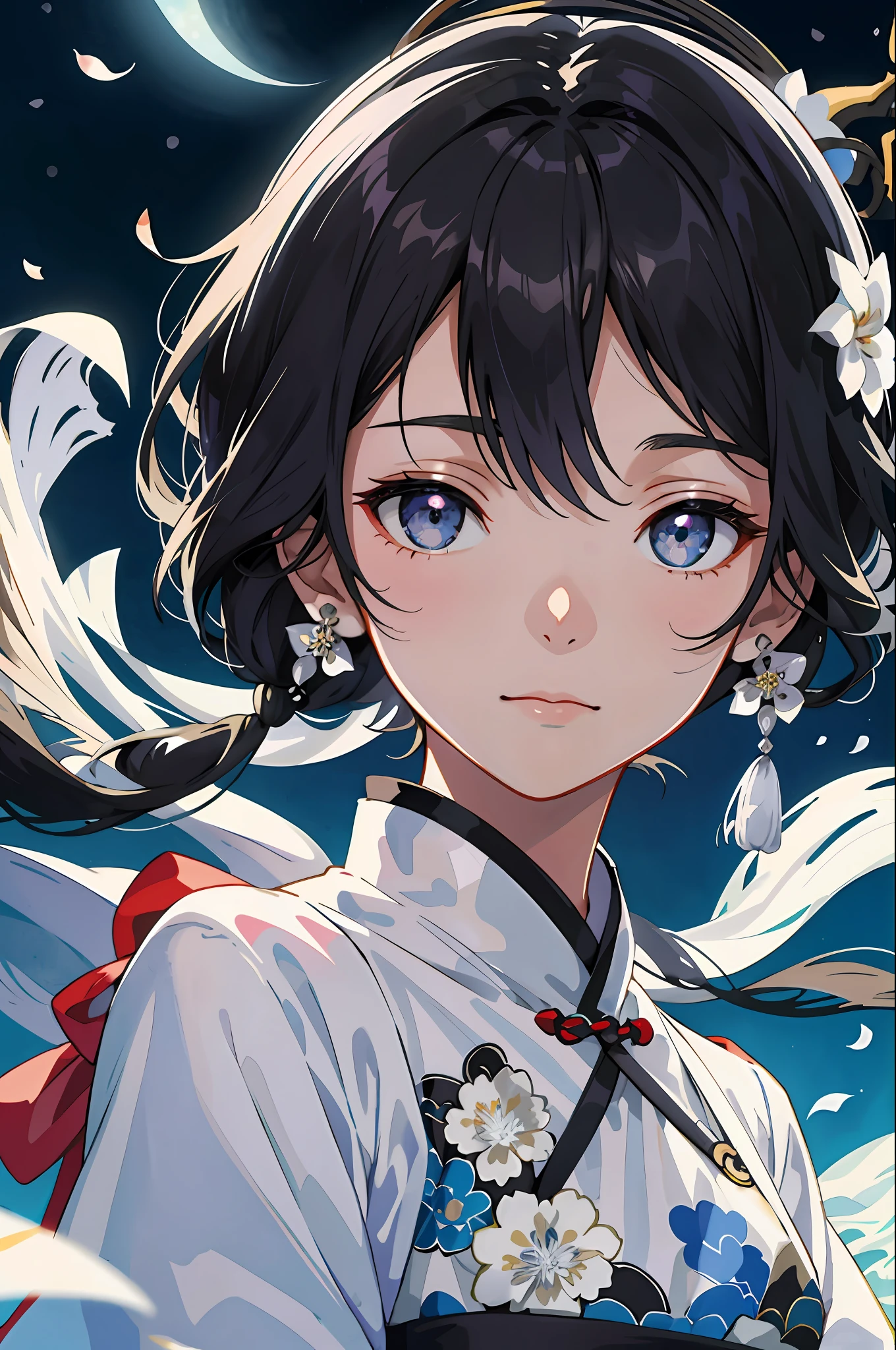 Official Art Illustration, 1 Girl, Black Eyes, Black Hair Color, Floating Hair, Hairpin, Delicate Eyes, Intricate Silver-White Hanfu, Gorgeous Accessories, Intricate Filigree, Wearing Earrings, FOV, F/1.8, Masterpiece, Night, Petals Flying, Positive Perspective, Chang'e, Moonlight Shining on People, 8K, Hazy, Backlight, Beautiful Anime Portrait, Beautiful Anime Woman, Beautiful Digital Art,