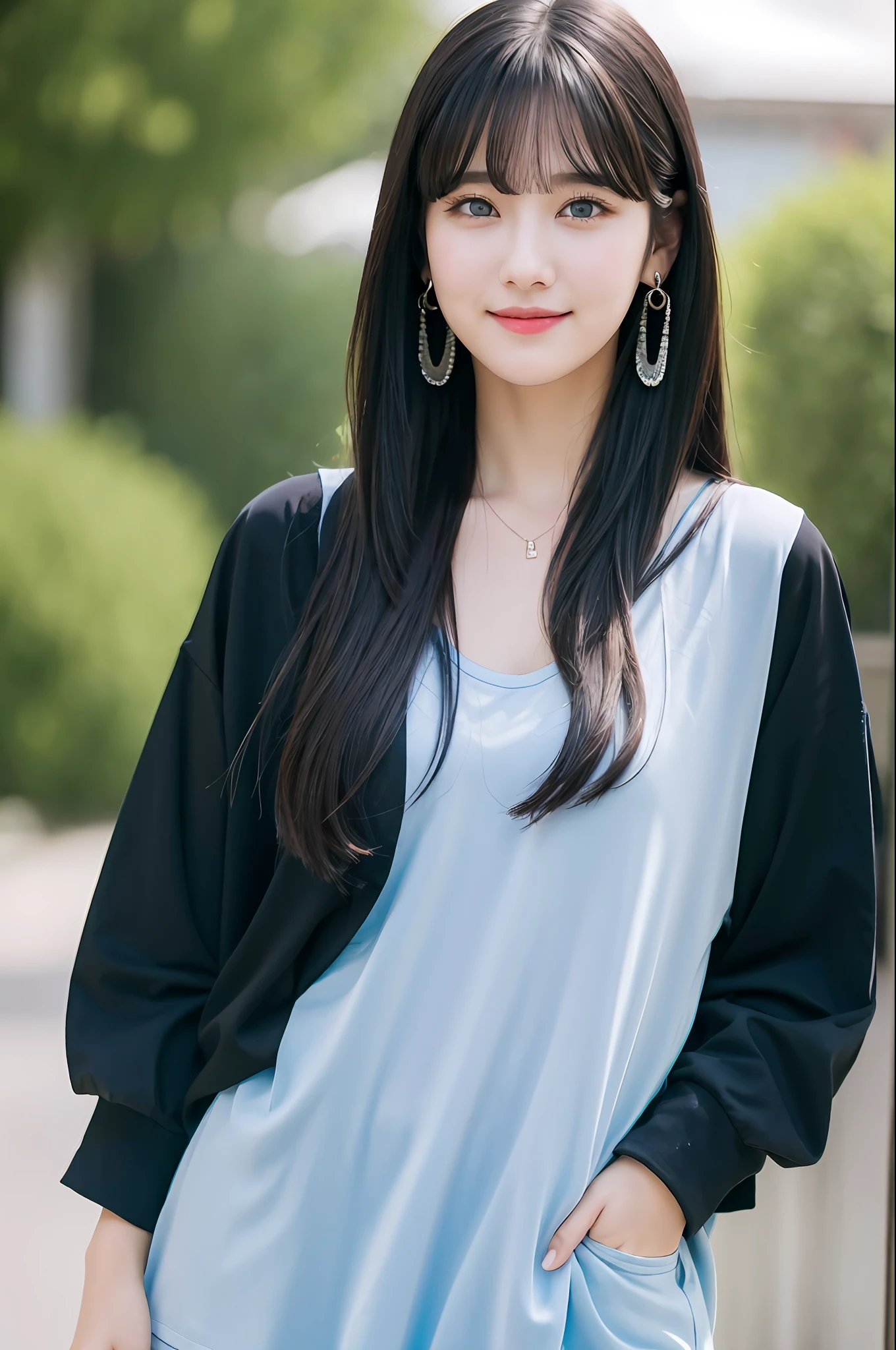 (RAW Photo: 1.2), (Photorealistic: 1.4), (Best Quality: 1.4), Ultra High Resolution, HDR, 8K Resolution, Dreamy, Commentary, Landscape, (No Text), Solo Focus, (Detailed Eyes), (Detailed Face), (Detailed Clothing Features), Skin Tight, (Shiny Skin), (SLF) Mender), (Slim), (Beauty Face), 1 Boy, Virtual Girl Ren Young, bangs, black hair, blue eyes, earrings, loose shirt, smile, embarrassed, cute, look straight at the camera,
