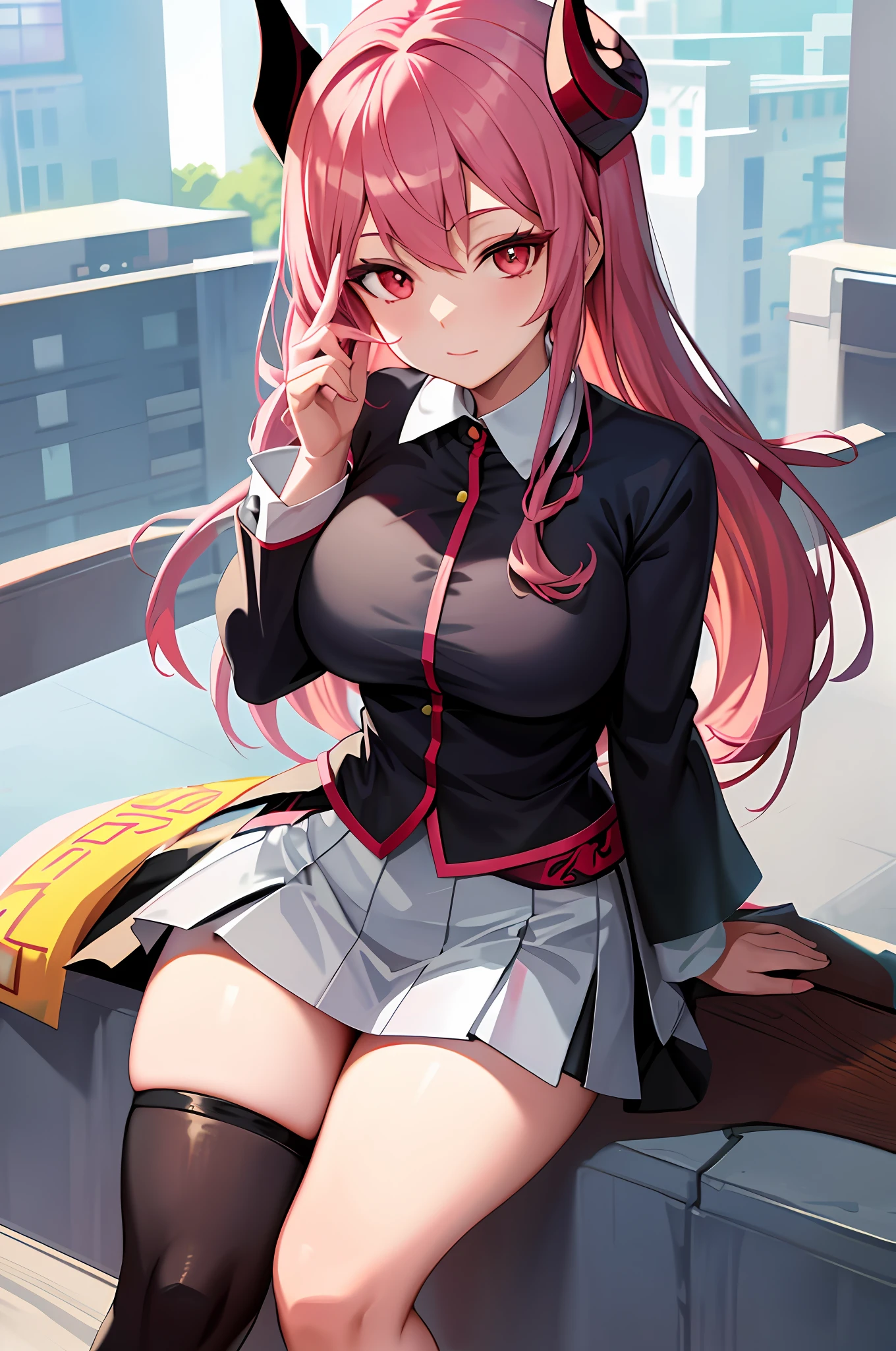 a close up of a woman in a short school uniform sitting on a ledge, seductive anime girl, beautiful alluring anime woman, anime goddess, beautiful anime girl, guweiz, detailed anime artwork, red eyes, long pink hair, anime girl, beautiful alluring anime , detailed digital anime art, beautiful anime woman, attractive anime girl, detailed anime art, anime girls, clean detailed anime art, pink dragon tail, dragon horns on head