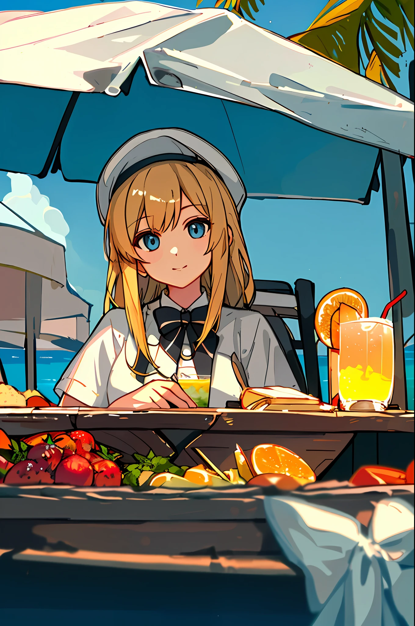 (mksks style, detailed background:1.1), (solo:1.2), (eyes_focus), blonde_hair, cap, white_shirt, close_up,(outdoors, summer (season):1.3), cocktail, market stall, boat, beach, relaxing, beautiful