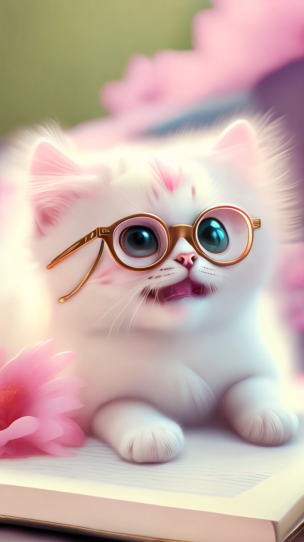 Very cute white tropical punk kitten lying on book, big eyes, glasses, open mouth, laughing, excitement, flowers, professional light, depth of field 8k, pink gold magic moment, professional photography, octane rendering, super realistic - amazing sunlight, dynamic composition, photography, sharp focus, background bokeh