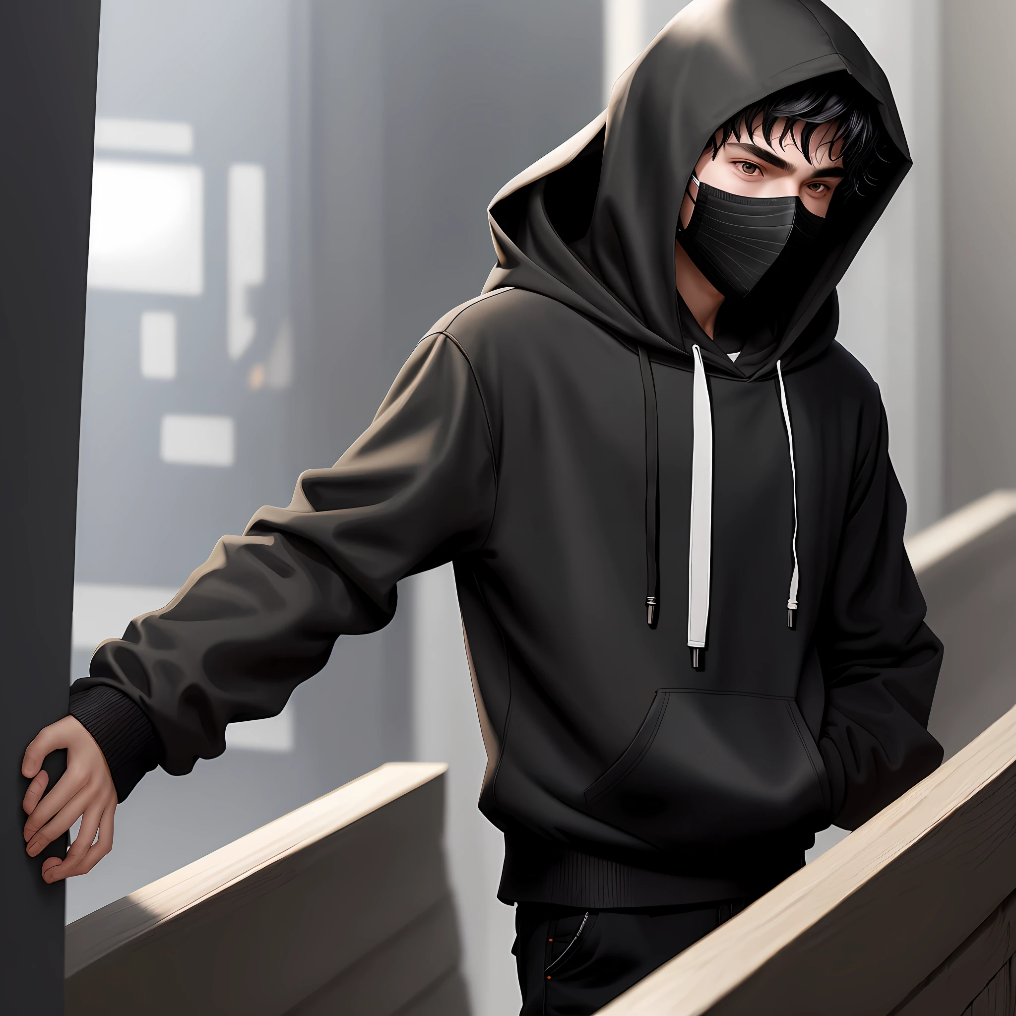 Masked 18-year-old boy with straight black colored hair with hooded blouse with arms crossed