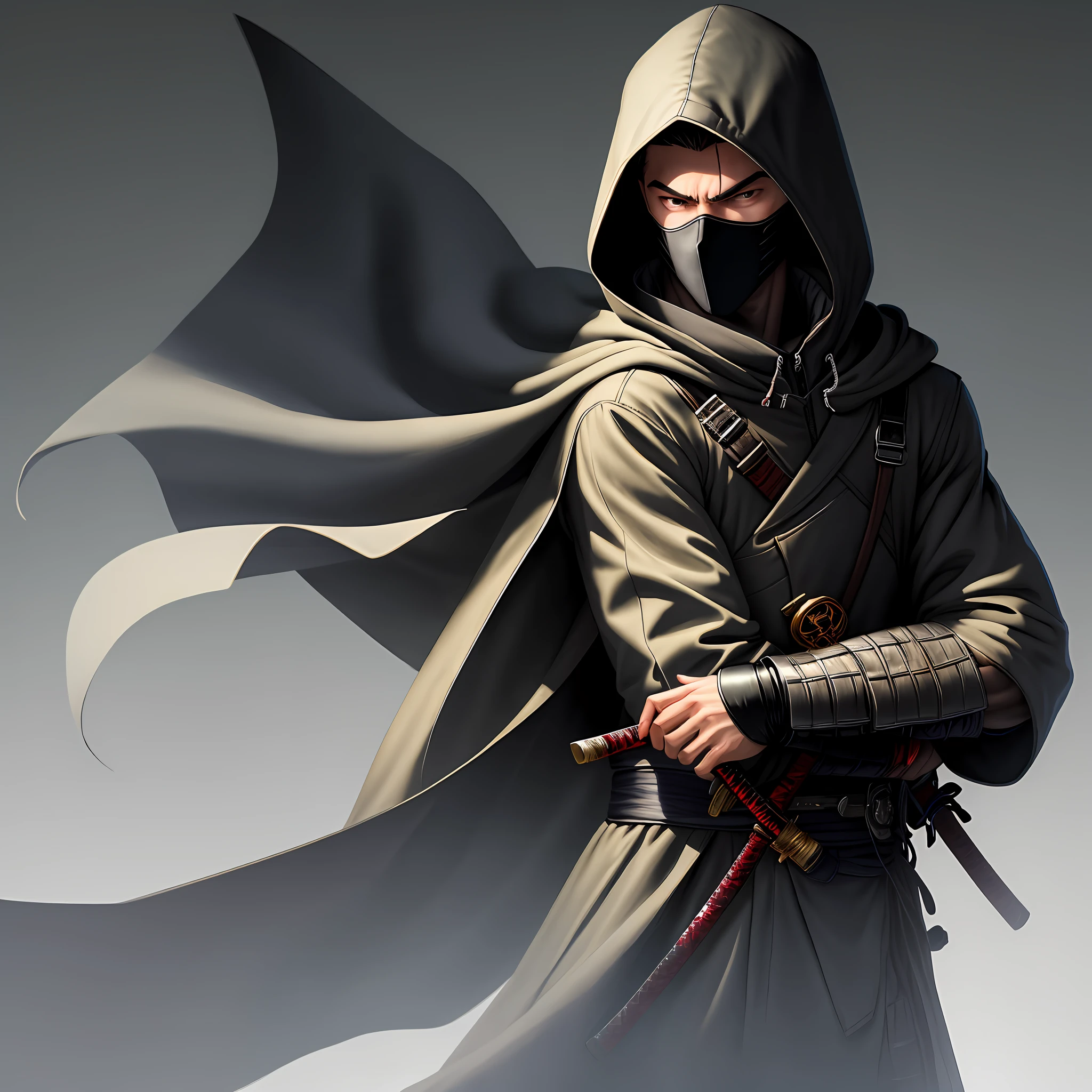 Masked boy in a hooded overcoat with a katana in the hem on his back with arms crossed