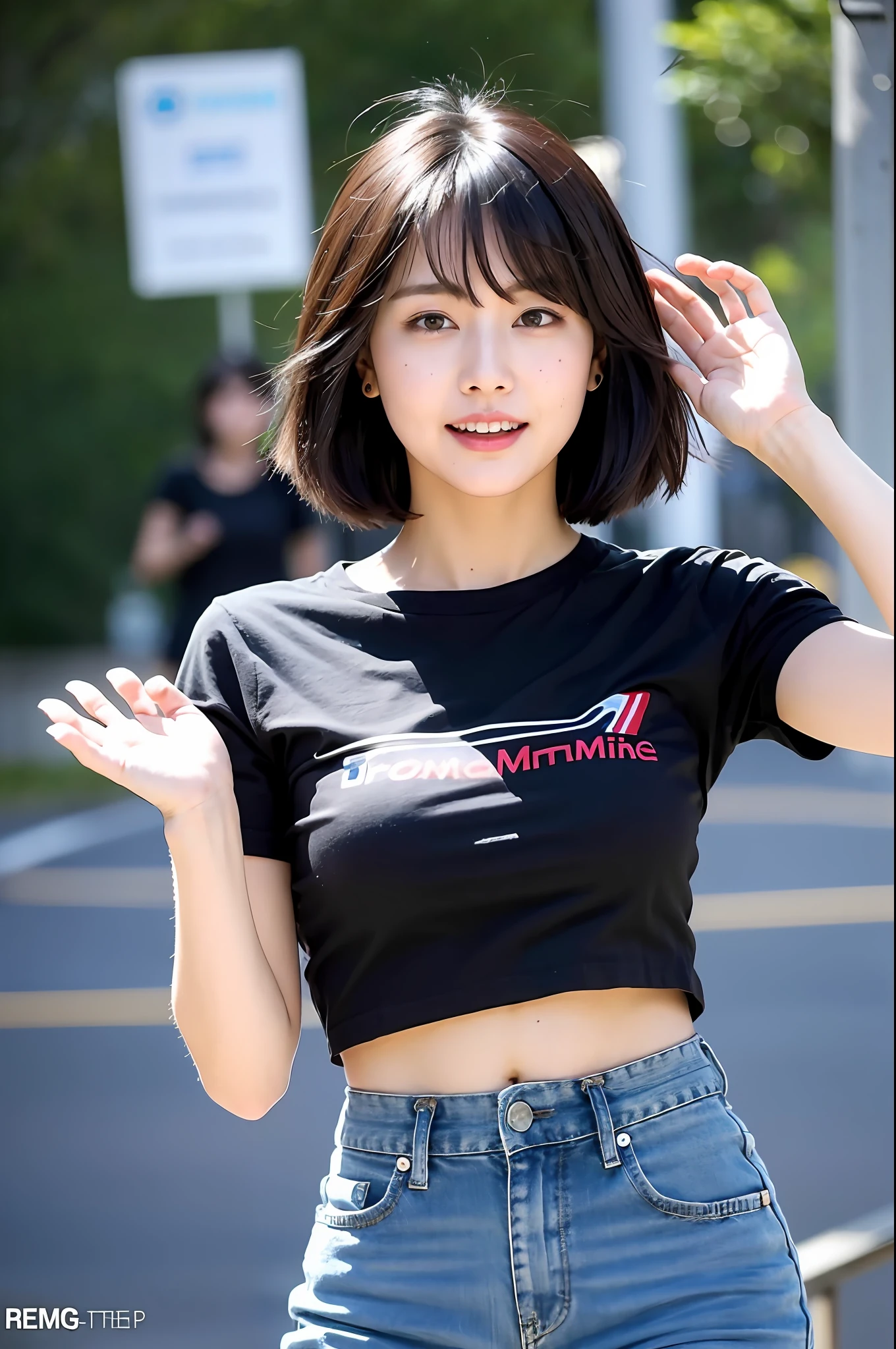 Mature mature young woman, t-shirt style, bob black hair fluttering in the wind, bangs, hands up, sagging eyes, big double teeth, super cute, nice perfect face with soft skin, immature woman in 8K resolution, super realistic, super detailed, high quality, erotic and beautiful trendy shorts,