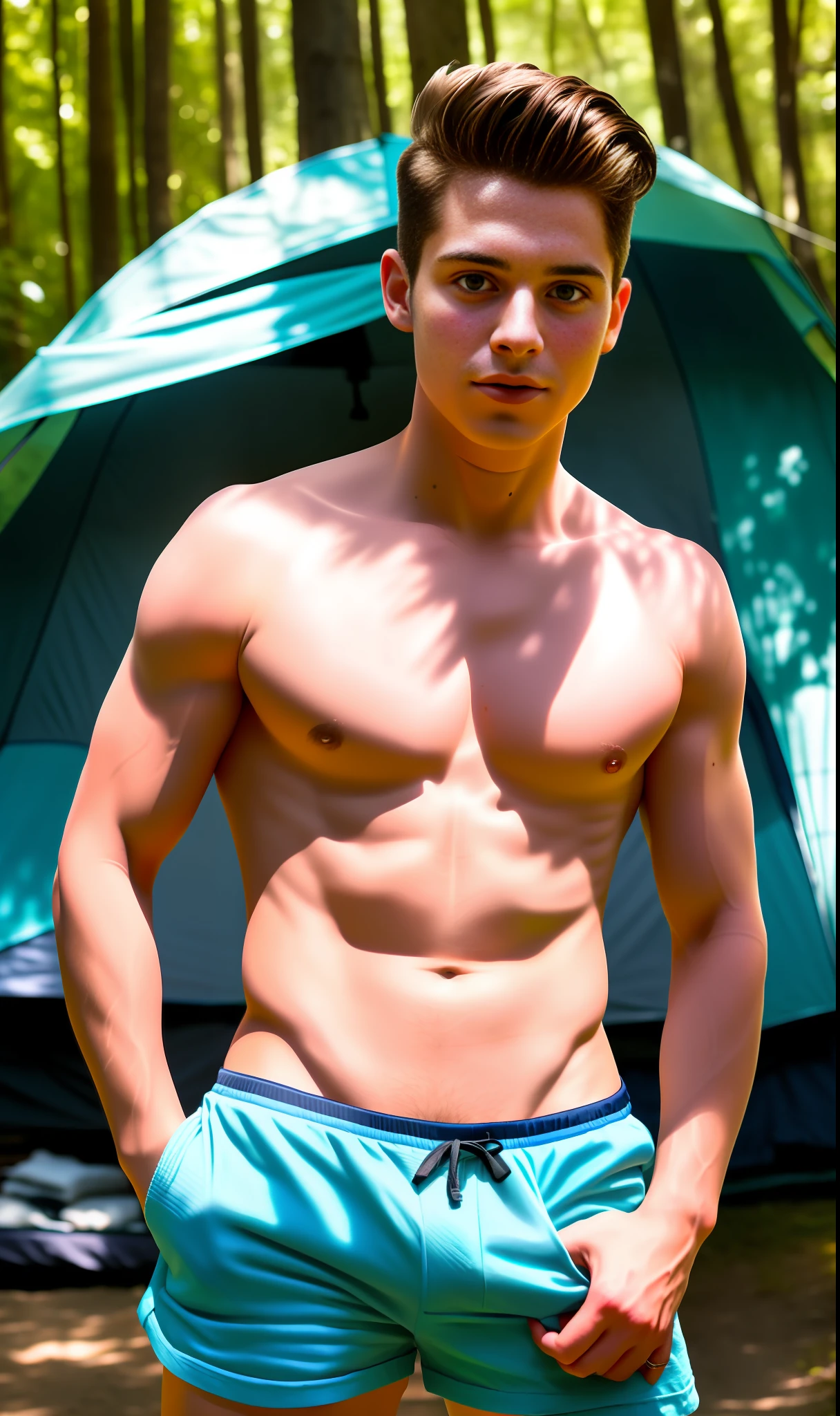 Noah Schnapp adult young men, and semi naked, in a camp only of semi naked men with little clothes, shorts and sexy underwear (crotch bulge:1.3), in the men's camp, showers, sexy boys inside, tents, school carpet, rich, erotic, sensual, lascivious masculine, seductive, exciting, dominant, disturbing, perversely sexual, sexy, only men, romantic, good-humored, romantic, full-bodied; very detailed skin, skin pores, casual clothing, very sunny weather, forest, mexico, tents, 8k uhd, dslr, dim lighting, high quality, film grain, Fujifilm XT3.