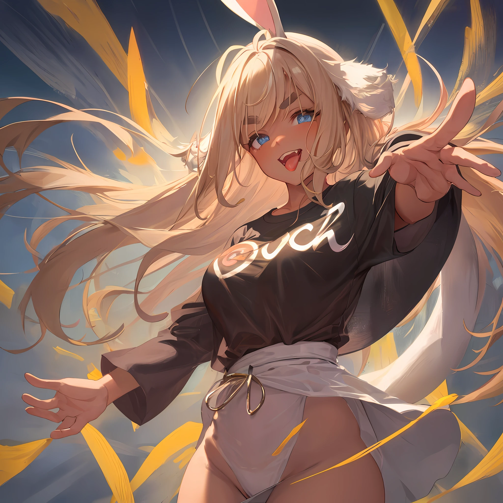 Face focus, tongue, mouth wide open, mouth focused, thick eyebrows, beautiful eyes, rabbit ears, brown skin, see-through T-shirt, underwear see-through from T-shirt, evil smile, beautiful golden hair, ((masterpiece)), ((best quality)), (super detailed), cute girl, one girl, solo, ((beautiful eyes)), anime girl, happy and cute face, beautiful detailed eyes clean and detailed face, five fingers, textile shading, perfect anatomy,