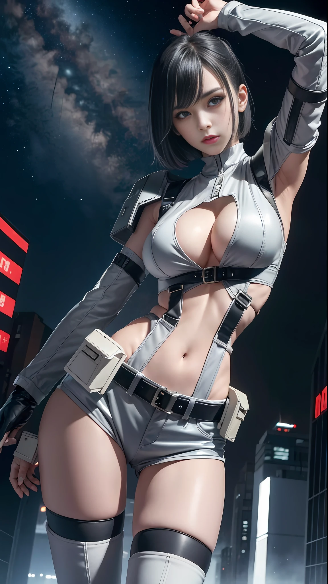 lucy \(cyberpunk\), 1girl, arm up, asymmetrical hair, belt, bodysuit, (large breasts:1.3), wide thighs, covered mouth, covered navel, detached sleeves, grey eyes, hip vent, looking at viewer, night, night sky, pouch, short hair, sky, solo, white hair, wire, short shorts, shorts, open jacket,