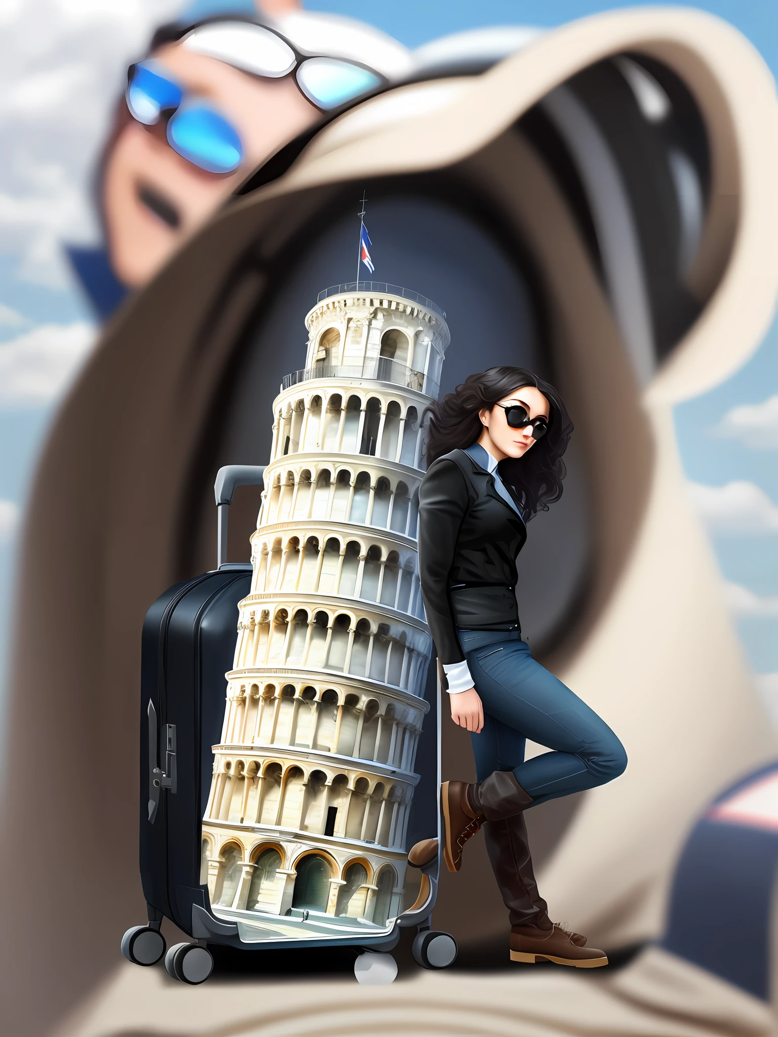 Beautiful woman leaning on suitcase, wearing sunglasses, black leather boots, leaning tower of Pisa, stepping on tower, tourists in background, advertising photos, tourist destinations, Italian look Emma, tourists, tourism, Italy, white giant tower, promotional art, towering over camera, twisted pose, inspired by Piero della Francesca, towering in your field of view, 8K, CG, highest quality, high quality