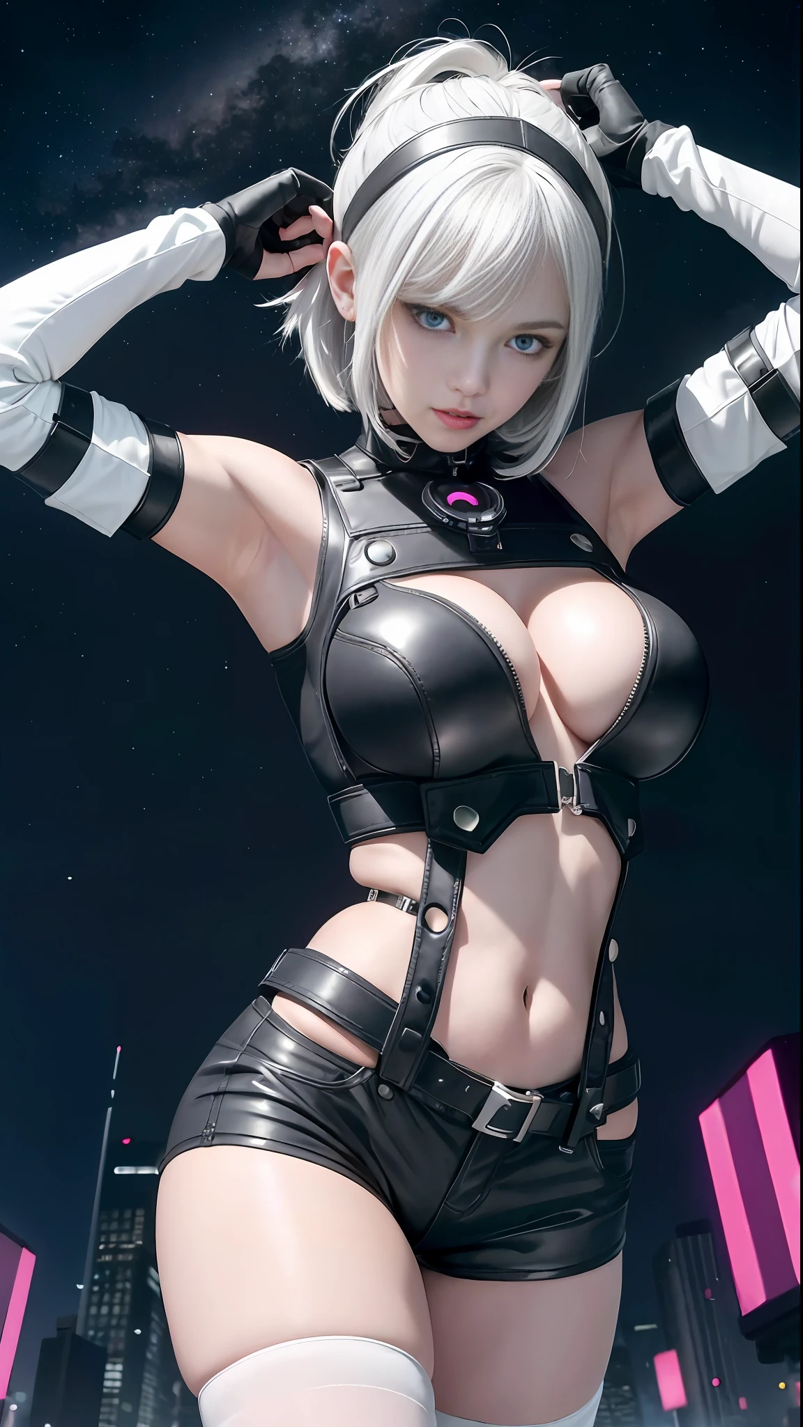 lucy \(cyberpunk\), 1girl, arm up, asymmetrical hair, belt, bodysuit, (large breasts:1.3), wide thighs, covered mouth, covered navel, detached sleeves, grey eyes, hip vent, looking at viewer, night, night sky, pouch, short hair, sky, solo, white hair, wire, short shorts, shorts, open jacket,