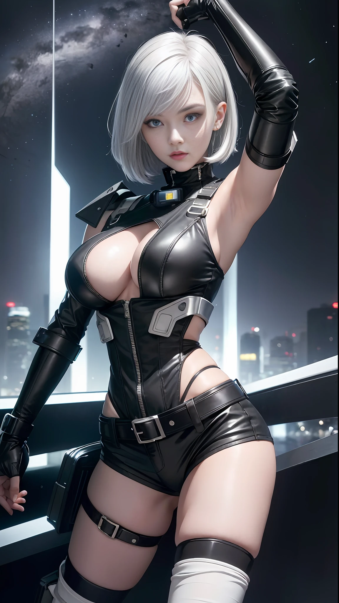 lucy \(cyberpunk\), 1girl, arm up, asymmetrical hair, belt, bodysuit, (large breasts:1.3), wide thighs, covered mouth, covered navel, detached sleeves, grey eyes, hip vent, looking at viewer, night, night sky, pouch, short hair, sky, solo, white hair, wire, short shorts, shorts, open jacket,