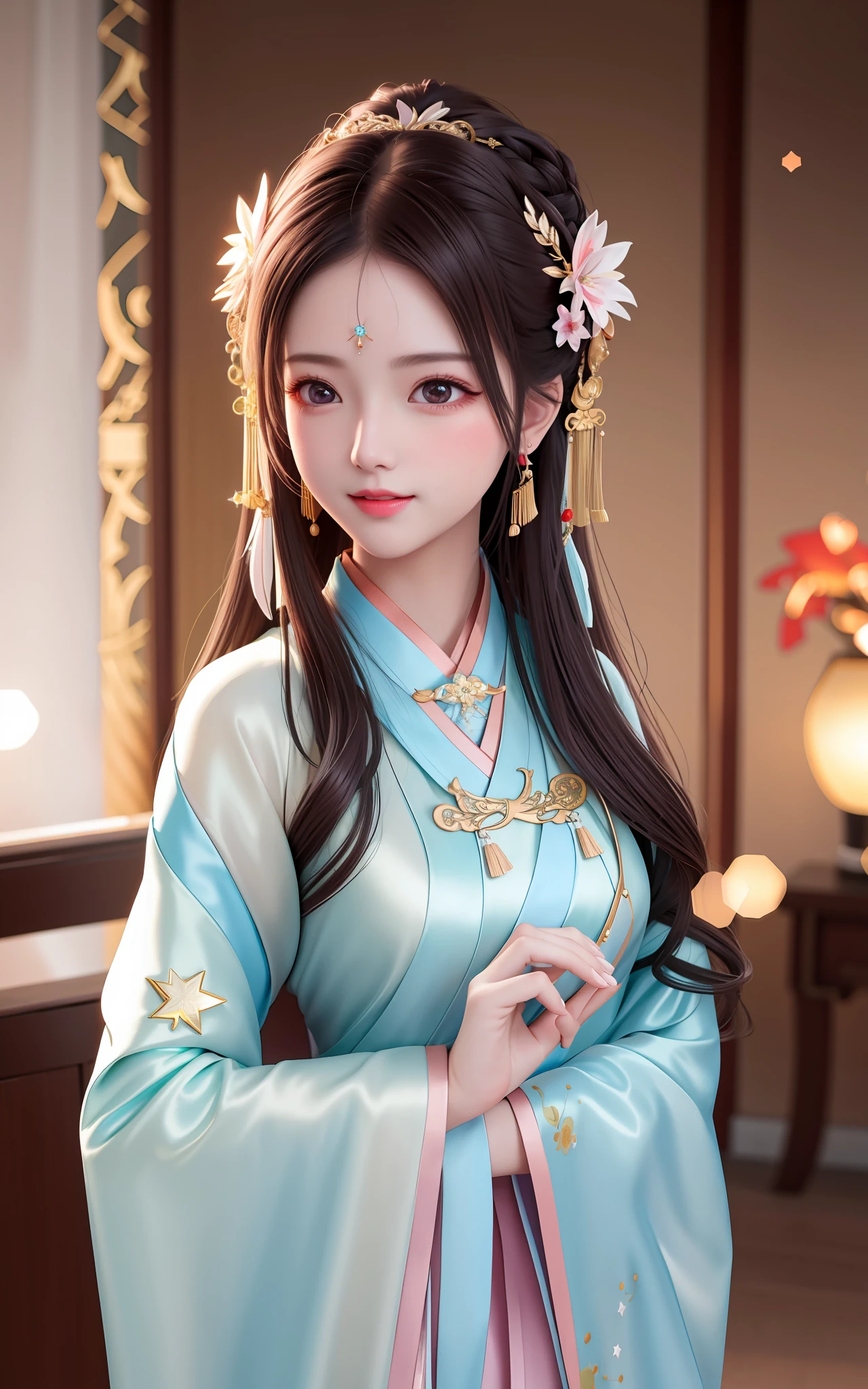 best quality, masterpiece, highres, 1girl,blush,(seductive smile:0.8),star-shaped pupils,china hanfu,hair ornament,necklace, jewelry,Beautiful face,upon_body, tyndall effect,photorealistic, dark studio, rim lighting, two tone lighting,(high detailed skin:1.2), 8k uhd, dslr, soft lighting, high quality, volumetric lighting, candid, Photograph, high resolution, 4k, 8k, Bokeh