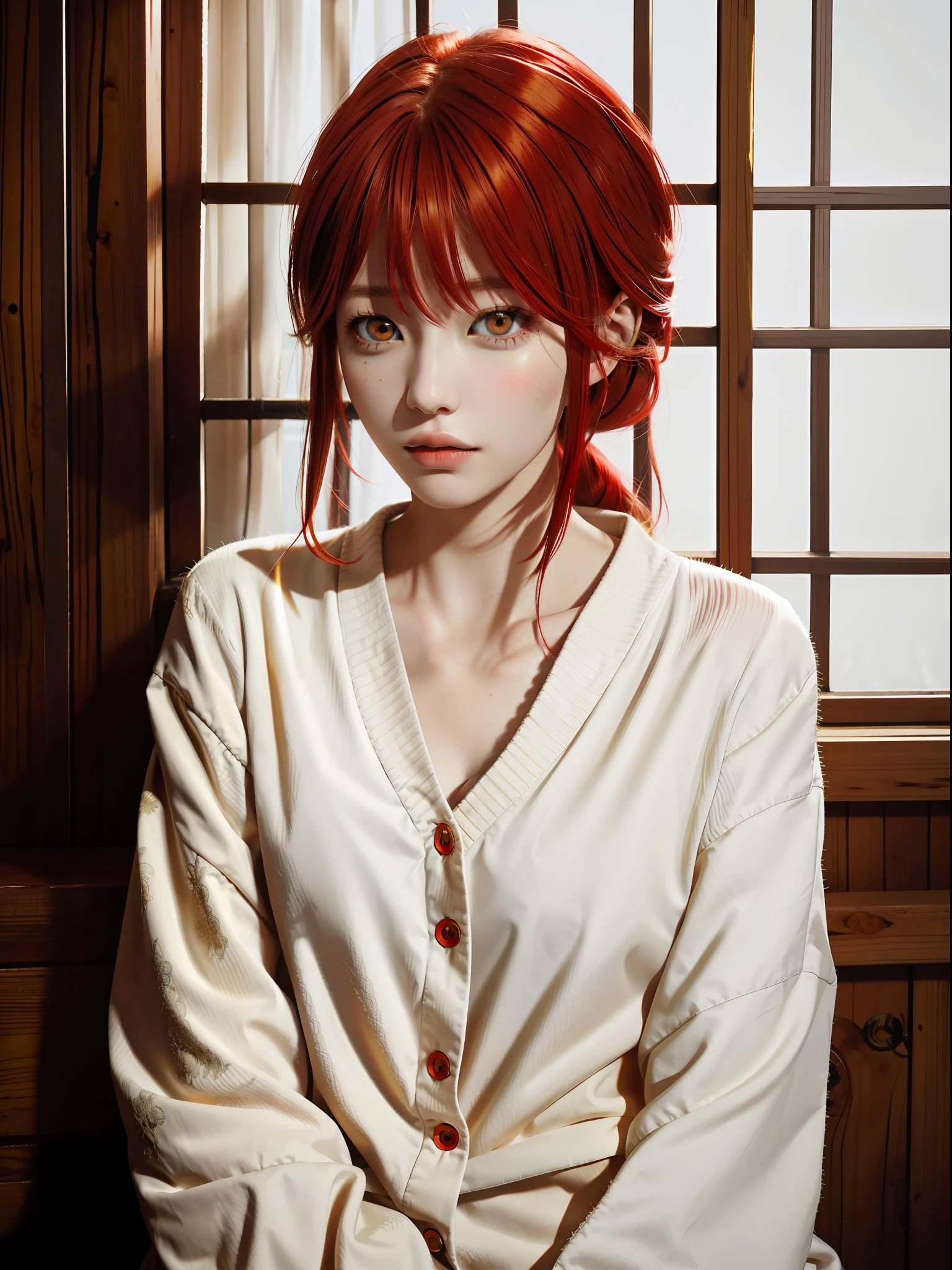 Makima (chainsaw man):1, masterpiece;1.2, white skin, thin lips, beautiful:1.4, red hair, golden eyes, natural
