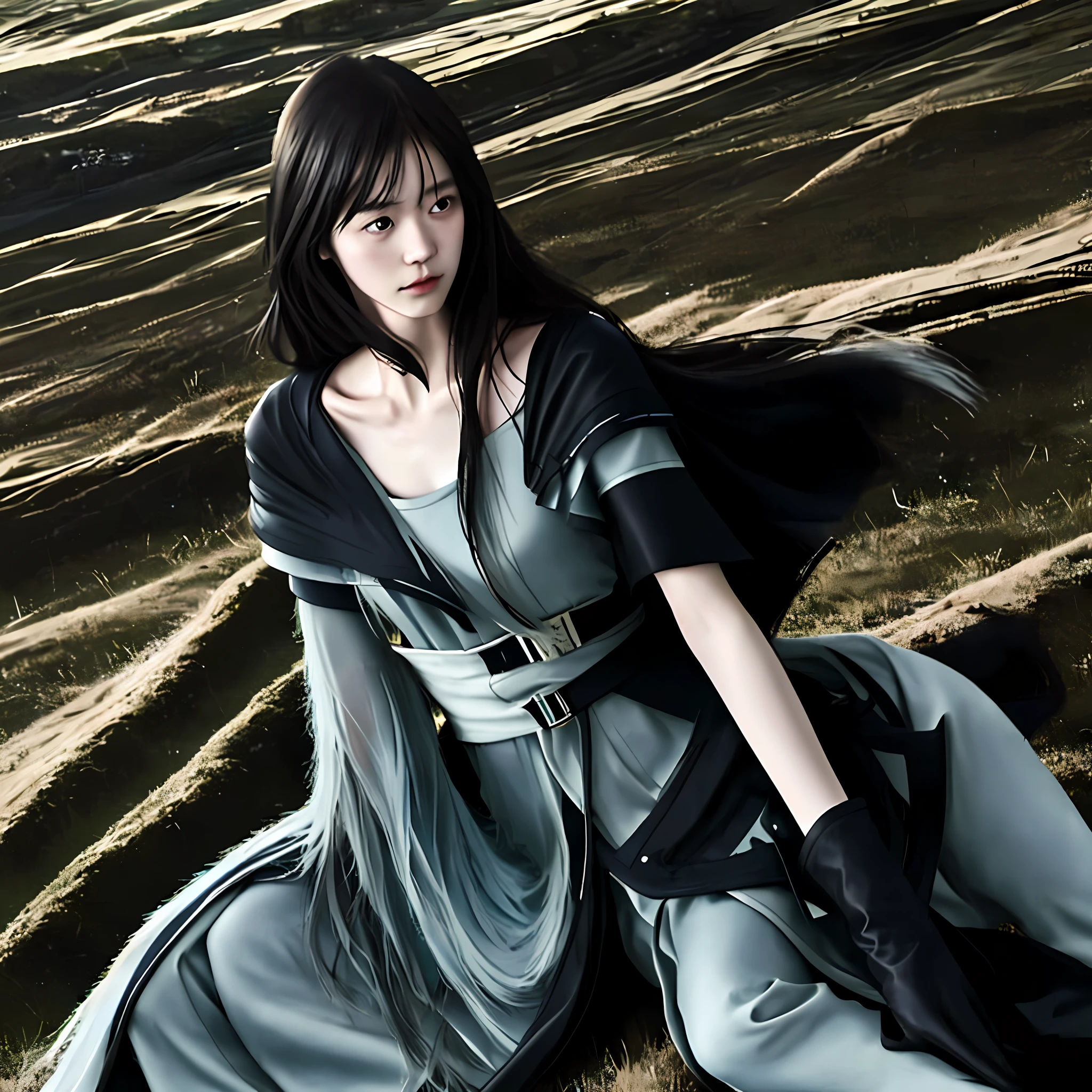 (masterpiece), best quality, expressive eyes, perfect face, masterpiece), best quality, expressive eyes, perfect face, Realistic, ultra realistic, young lady, HD, western woman, pale skin, hot, Bae Doona, pony messy hair, frown, arm armor, hand guard, cuisses, wizard robe, hand guard, dark forest background, Mature, small chest, pose, sitting, lean, homeless, skinny body, dirty clothes, dirty face, shabby dress, tattered, injured body, hunger, flat chest