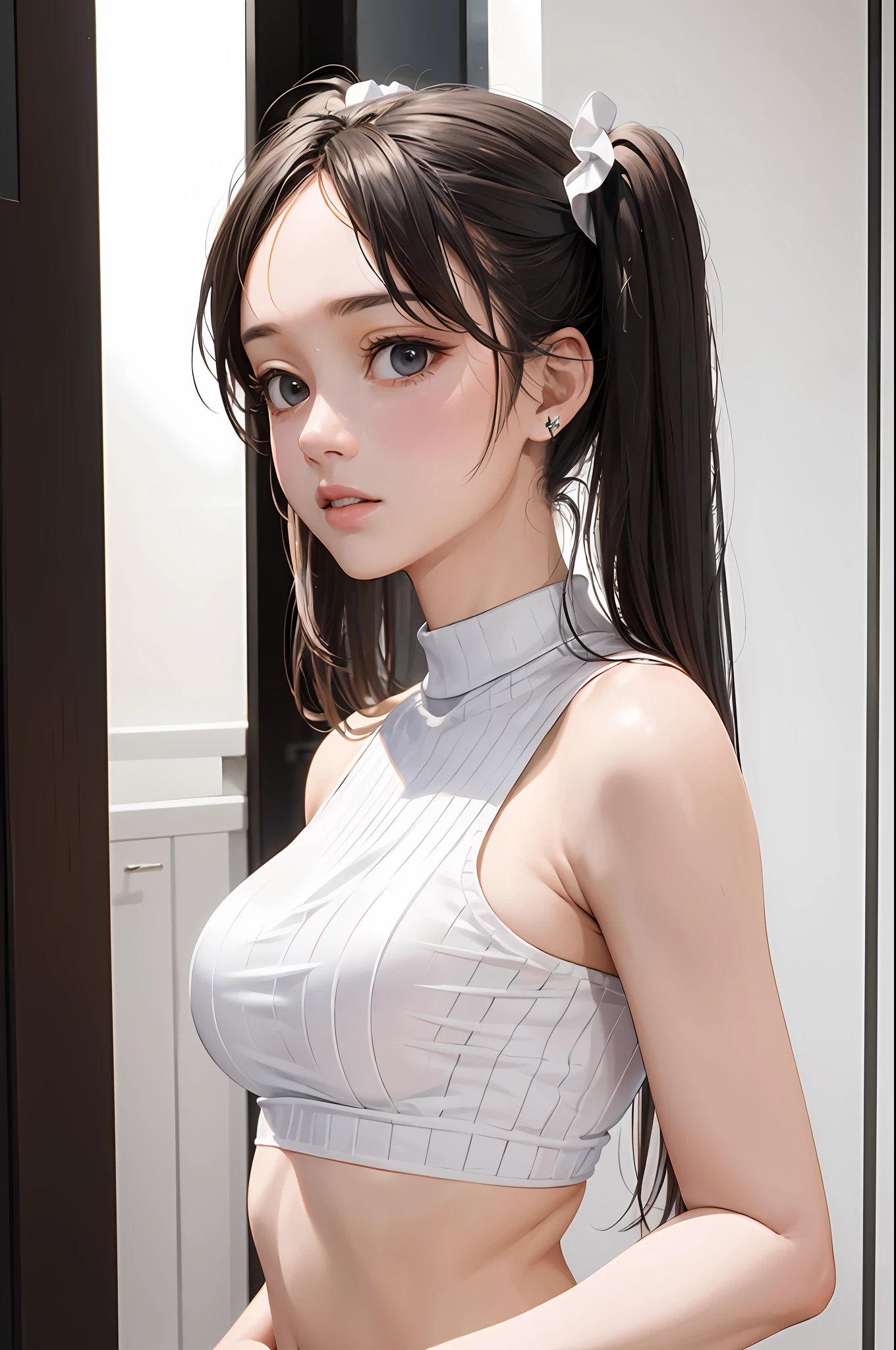 (Best Quality, Masterpiece: 1.1), (Realistic: 1.4), 1girl, Upper Body, Tight Crop Top, Twin Tails, Studio