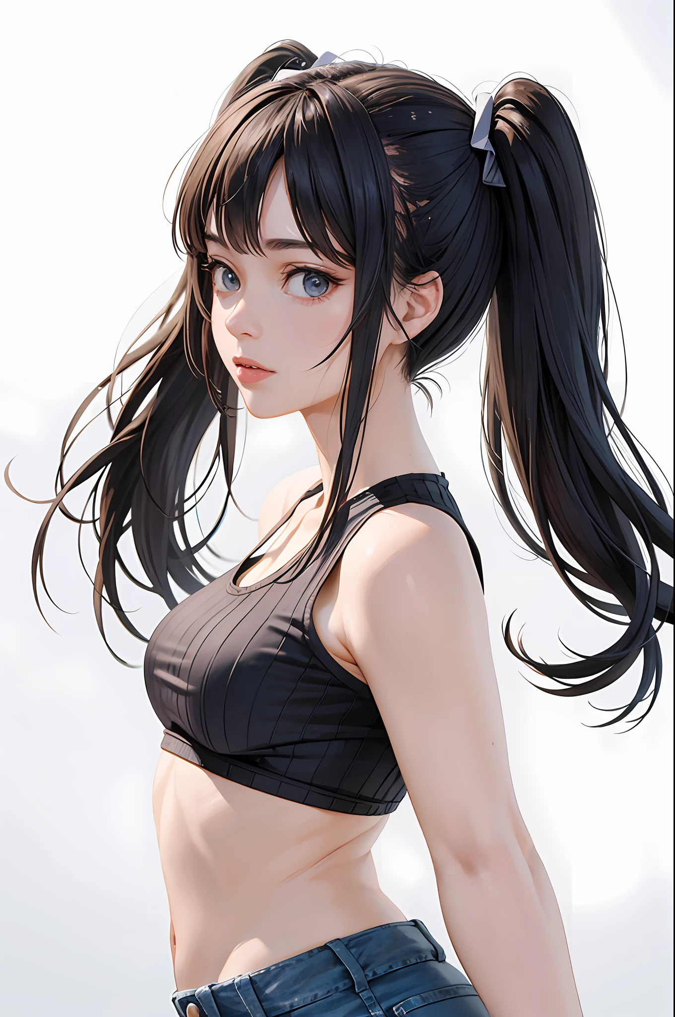 (Best Quality, Masterpiece: 1.1), (Realistic: 1.4), 1girl, Upper Body, Tight Crop Top, Twin Tails, Studio
