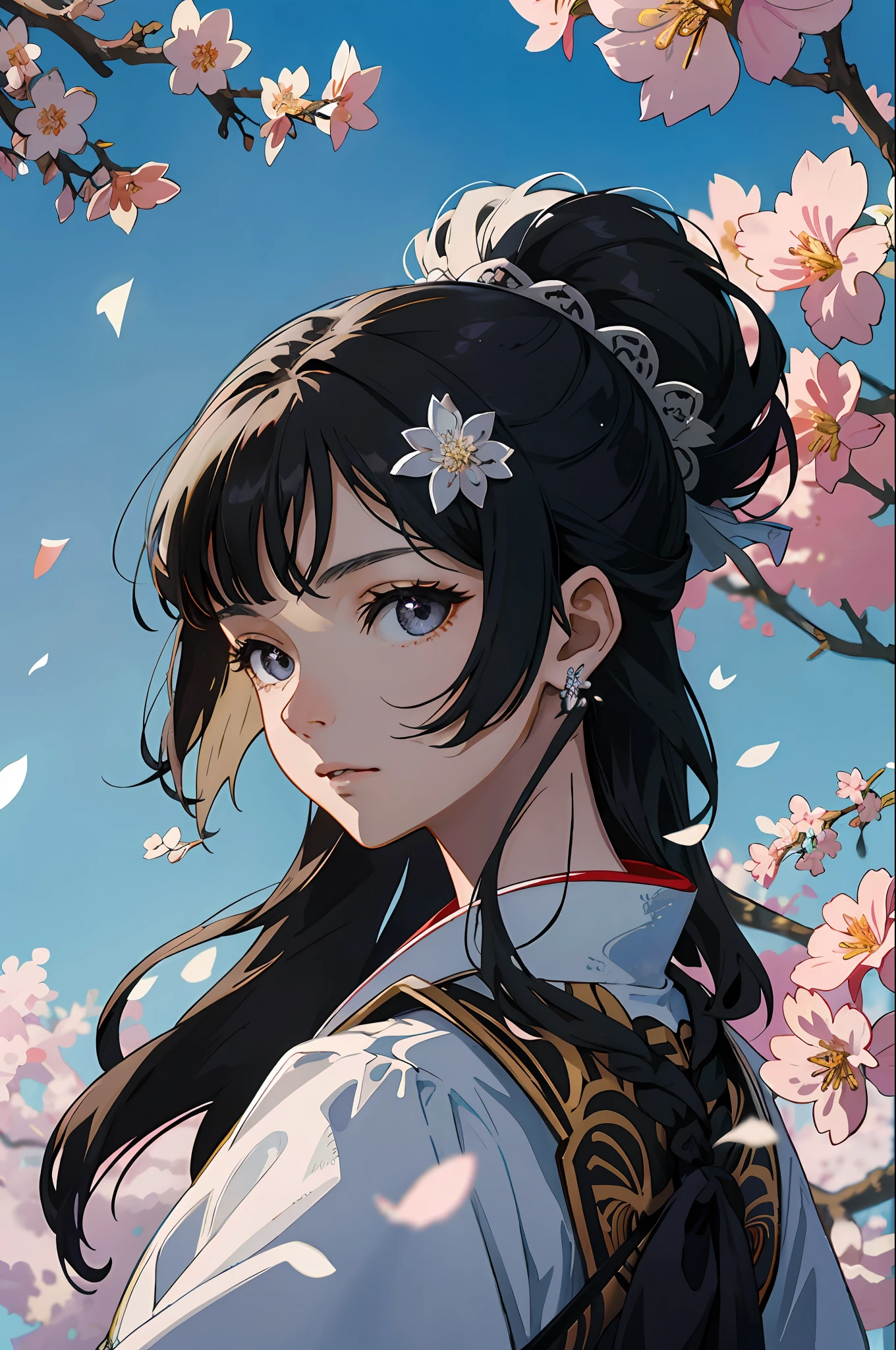 Official Art Illustration, 1 Girl, Black Eyes, Black Hair Color, Floating Hairpins, Delicate Eyes, Intricate Silver-White Hanfu, Gorgeous Accessories, Intricate Filigree, Wearing Earrings, FOV, F/1.8, Masterpiece, Petals Flying, Positive View, 8K, Hazy, Backlit, Beautiful Anime Portrait, Beautiful Anime Woman, Beautiful Digital Art, High Resolution, Masterpiece, Heroine, Fantasy Art, Beautiful Digital Art, Moir, Outdoor, Sakura