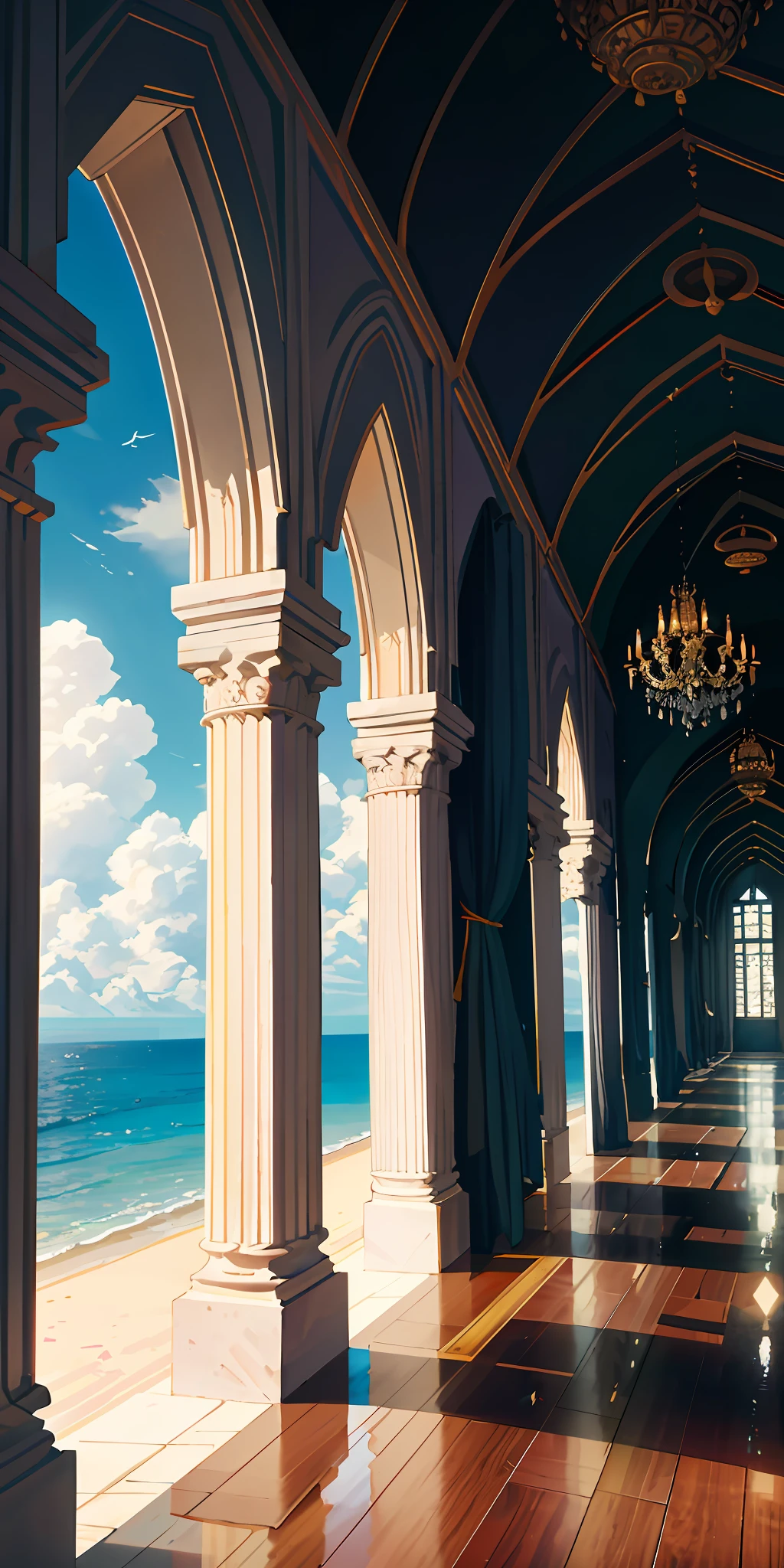 Journey into the realm of enchantment as we venture to an extraordinary sight: an Indian royal palace standing resolute in the middle of the vast sea, devoid of any other souls. This architectural masterpiece, rising majestically above the water, exudes an aura of regality and mystique.

As far as the eye can see, the azure waters embrace the palace, their gentle waves caressing its foundation with an almost reverential touch. The palace appears as a beacon of grandeur, rising from the sea's embrace, a testament to the magnificence of Indian craftsmanship and architectural finesse.

Surrounded by endless horizons, the solitude of this setting imparts a profound sense of serenity. The absence of any other presence allows you to truly immerse yourself in the magnificence of the palace and its awe-inspiring surroundings. The air carries a whisper of tranquility, undisturbed by the hustle and bustle of the world beyond.

Gazing upon the palace's intricate details, you marvel at its ornate architecture. Every arch, every delicate carving, and every embellishment narrates stories of bygone eras, reminding you of the royal lineage and grandeur that once graced these hallowed halls. The palace stands as a testament to the rich history and cultural heritage of India.

In this surreal tableau, the palace stands as a solitary jewel, surrounded by the vastness of the sea. The symphony of crashing waves creates a soothing melody, accompanying your exploration of this architectural gem. The sea and sky merge seamlessly on the horizon, forming a mesmerizing blend of blues that stretches into eternity.

In this moment, you stand as the sole witness to the magnificence of the Indian royal palace, adrift in a sea of tranquility. The experience is ethereal, transporting you to a realm where time seems to stand still, and the echoes of the past whisper in the wind. Here, you can truly embrace the magnificence of this hidden gem, embracing its regal splendor in complete solitude.