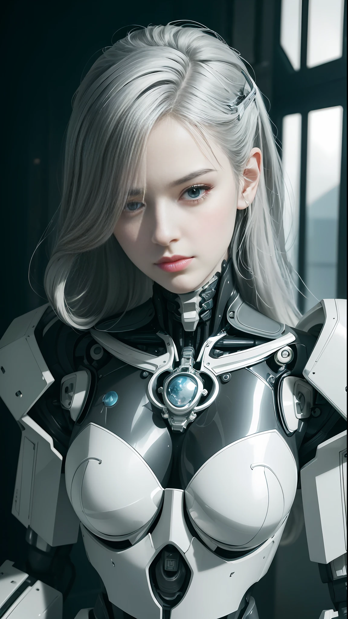 complex 3d render ultra detailed of a beautiful porcelain profile woman android face, cyborg, robotic parts, 150 mm, beautiful studio soft light, rim light, vibrant details, luxurious cyberpunk, lace, hyperrealistic, anatomical, facial muscles, cable electric wires, microchip, elegant, beautiful background, octane render, H. R. Giger style, 8k, best quality, masterpiece, illustration, an extremely delicate and beautiful, extremely detailed ,CG ,unity ,wallpaper, (realistic, photo-realistic:1.37),Amazing, finely detail, masterpiece,best quality,official art, extremely detailed CG unity 8k wallpaper, absurdres, incredibly absurdres, robot, silver halmet, full body, sitting