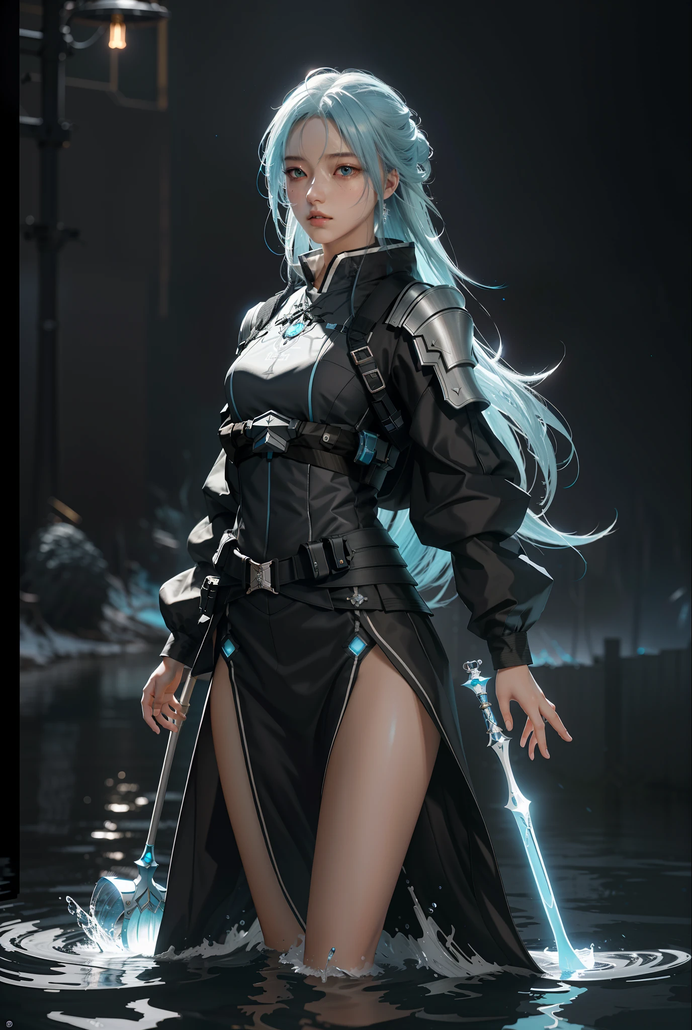 highres, masterpiece, best quality, 1girl, simple background, game cg, ultra detailed, cinematic lighting, high contrast, sharpen,
arknights, cyan hair, pixivFANBOX, skinny, floating hair, tall, detailed clothes, water eyes, fire