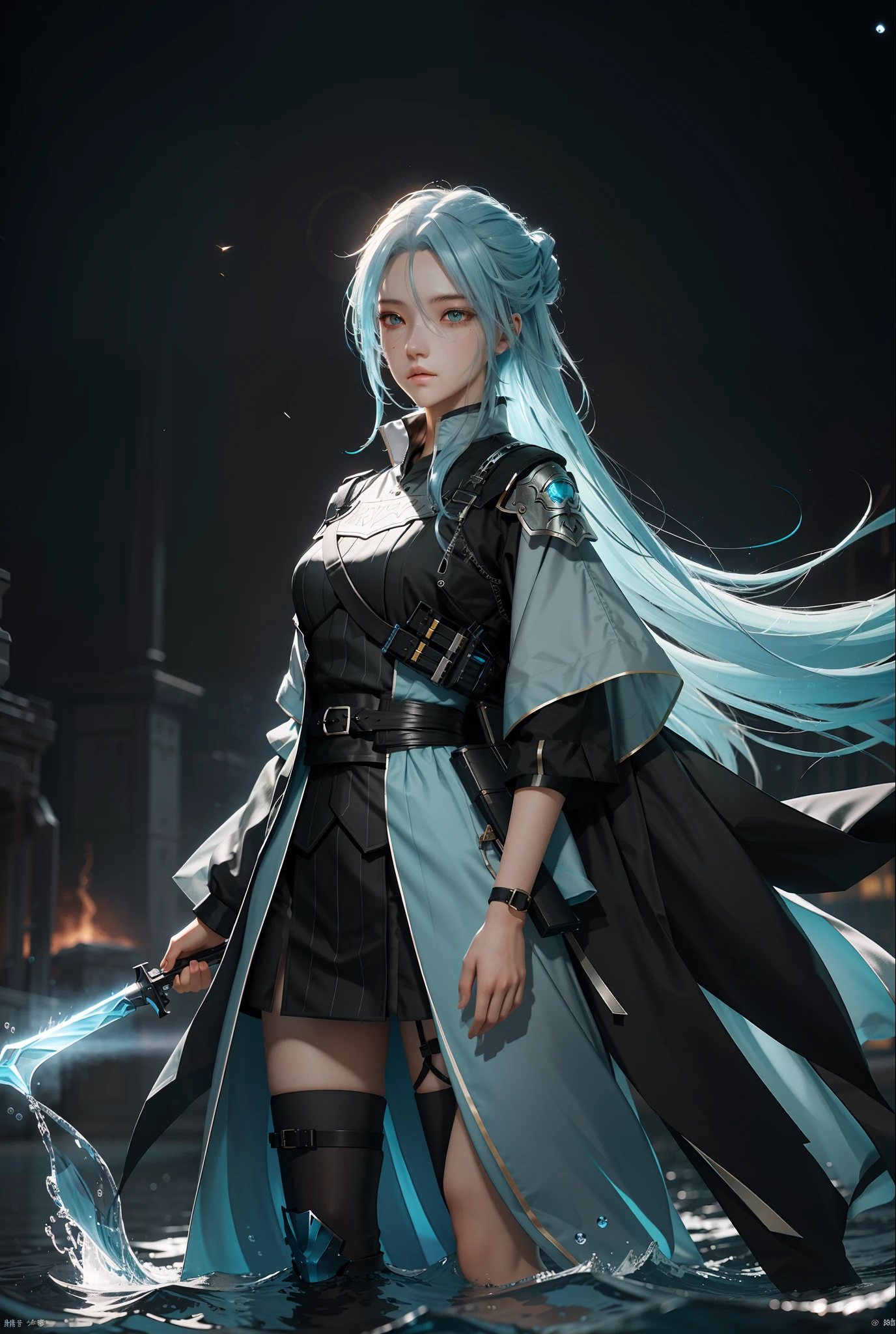 highres, masterpiece, best quality, 1girl, simple background, game cg, ultra detailed, cinematic lighting, high contrast, sharpen,
arknights, cyan hair, pixivFANBOX, skinny, floating hair, tall, detailed clothes, water eyes, fire