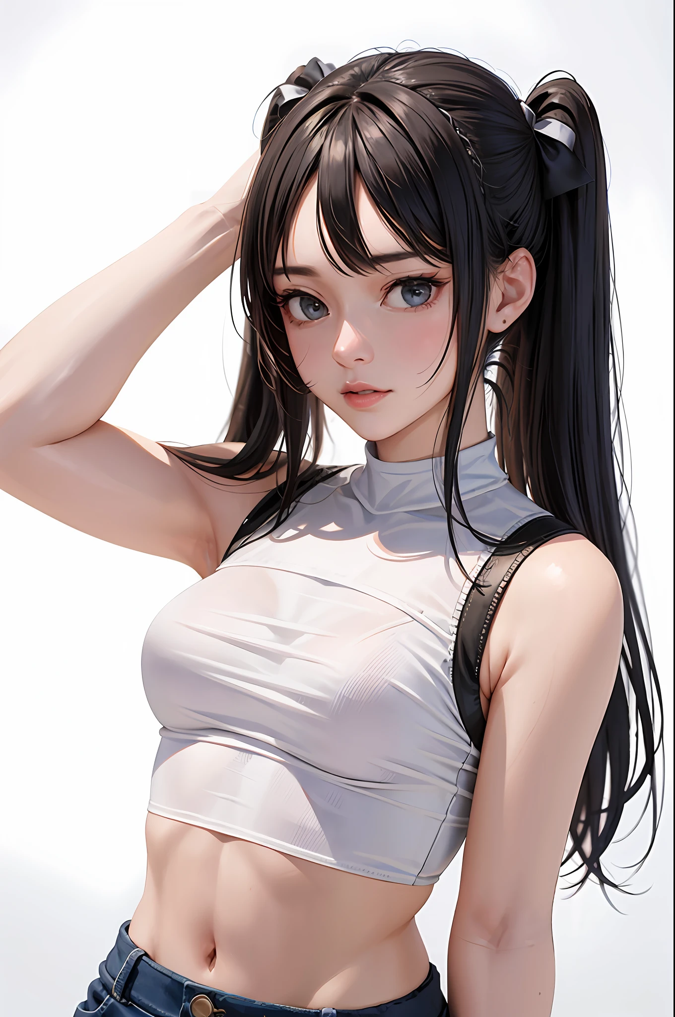 (Best Quality, Masterpiece: 1.1), (Realistic: 1.4), 1girl, Upper Body, Tight Crop Top, Twin Tails, Studio