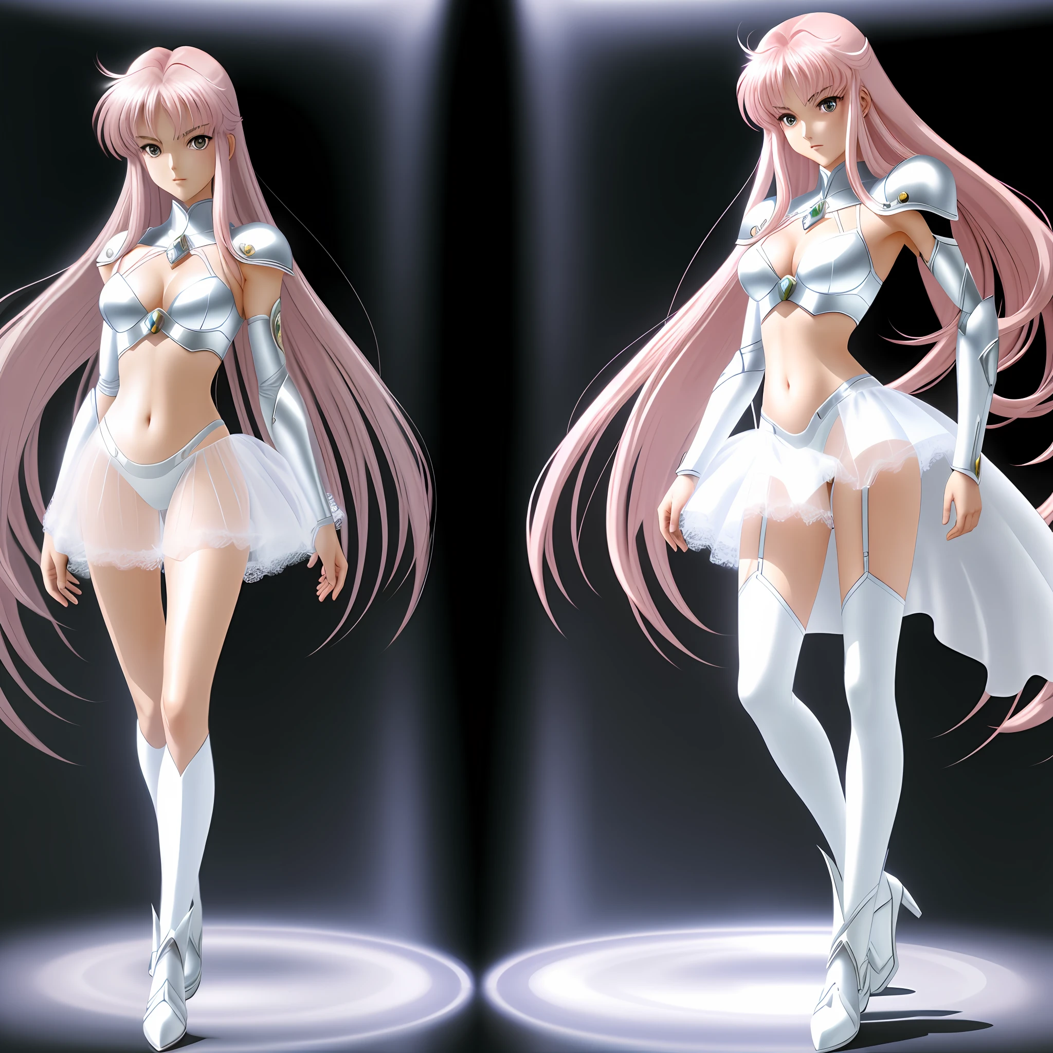 Saint Seiya-style 2D anime touch, lonely world, alone in a fully mirrored room, slim cool beauty girl, toe, full body portrait directly in front of elegant standing, gorgeous and sexy white lingerie, navel, overexposed, high leg, asymmetrical outfit, knee high, protector, pink hair, T-back, ultra-thin lace see-through ultra mini skirt
