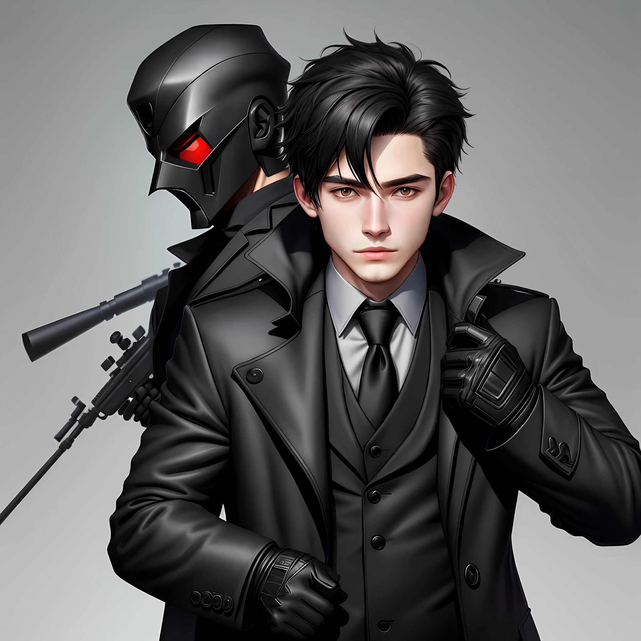 Masked boy with black overcoat and a sniper in his hands
