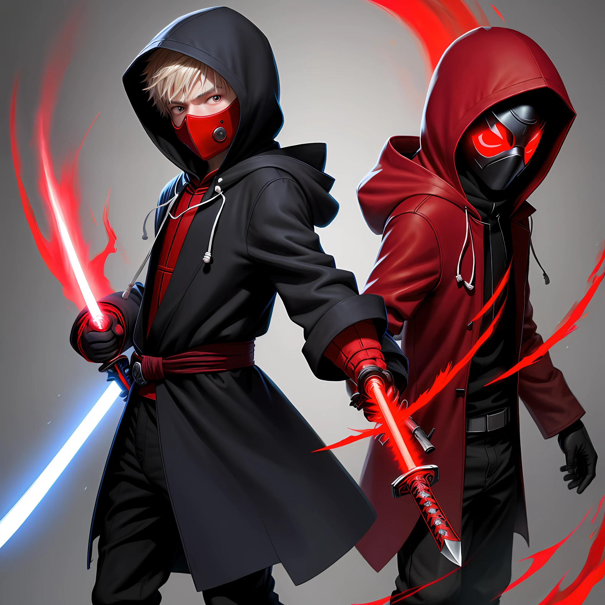 Boy in hooded overcoat and mask with a red aura wielding a katana in his hands