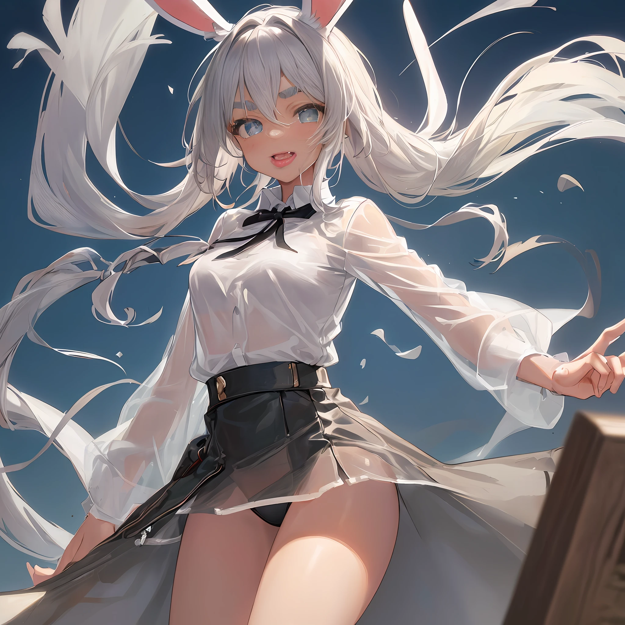 Face focus, tongue, mouth wide open, mouth focus, thick eyebrows, beautiful eyes, rabbit ears, brown skin, see-through T-shirt, underwear see-through from T-shirt, evil smile, beautiful silver hair, ((masterpiece)), ((best quality)), (super detailed), cute girl, one girl, solo, (((beautiful eyes)), anime girl, happy and cute face, beautiful detailed eyes clean and detailed face, five fingers, textile shading, perfect anatomy,