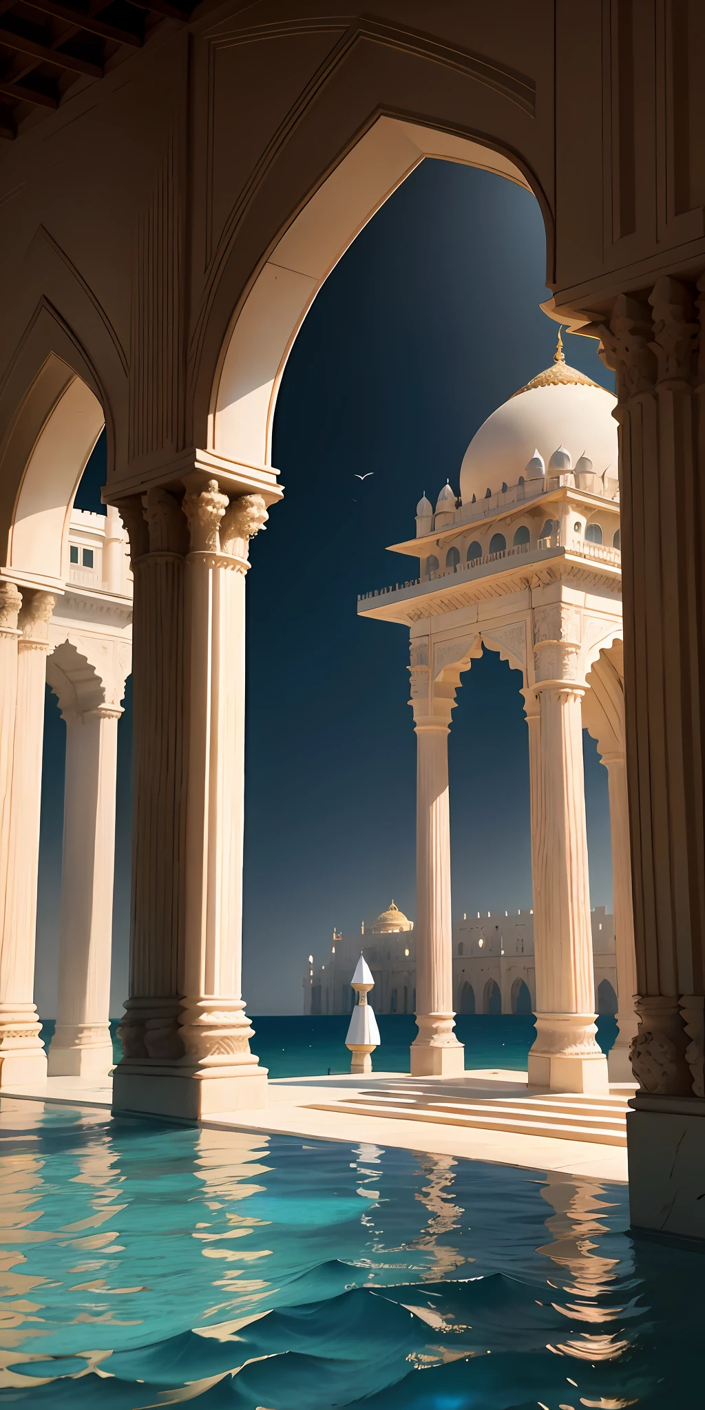 Journey into the realm of enchantment as we venture to an extraordinary sight: an Indian royal palace standing resolute in the middle of the vast sea, devoid of any other souls. This architectural masterpiece, rising majestically above the water, exudes an aura of regality and mystique.
As far as the eye can see, the azure waters embrace the palace, their gentle waves caressing its foundation with an almost reverential touch. The palace appears as a beacon of grandeur, rising from the sea's embrace, a testament to the magnificence of Indian craftsmanship and architectural finesse.
Surrounded by endless horizons, the solitude of this setting imparts a profound sense of serenity. The absence of any other presence allows you to truly immerse yourself in the magnificence of the palace and its awe-inspiring surroundings. The air carries a whisper of tranquility, undisturbed by the hustle and bustle of the world beyond.
Gazing upon the palace's intricate details, you marvel at its ornate architecture. Every arch, every delicate carving, and every embellishment narrates stories of bygone eras, reminding you of the royal lineage and grandeur that once graced these hallowed halls. The palace stands as a testament to the rich history and cultural heritage of India.
In this surreal tableau, the palace stands as a solitary jewel, surrounded by the vastness of the sea. The symphony of crashing waves creates a soothing melody, accompanying your exploration of this architectural gem. The sea and sky merge seamlessly on the horizon, forming a mesmerizing blend of blues that stretches into eternity.
In this moment, you stand as the sole witness to the magnificence of the Indian royal palace, adrift in a sea of tranquility. The experience is ethereal, transporting you to a realm where time seems to stand still, and the echoes of the past whisper in the wind. Here, you can truly embrace the magnificence of this hidden gem, embracing its regal splendor in complete solitude.