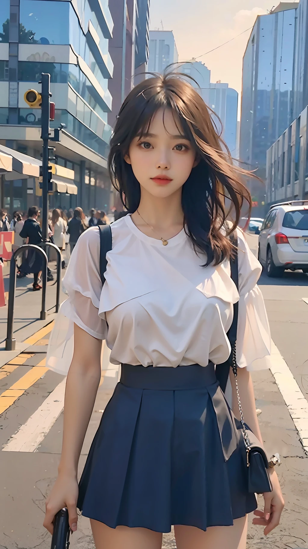 A Girl, Solo, (Masterpiece: 1.3) (Best Quality: 1.3) (Long Hair) (White Shirt) (Black Short Skirt) (Street Background: 1.3) (See-Through Clothes: 1.3) (Breast Out)